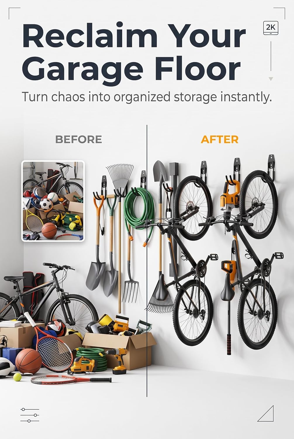 2 PCS U Shape Iron Garage Storage Hooks, PVC Anti Slip Anti Rust Wall Hooks, Heavy Duty Utility Wall Mount Hooks for Bike Ladder Garden Tool Organizer Black image 5