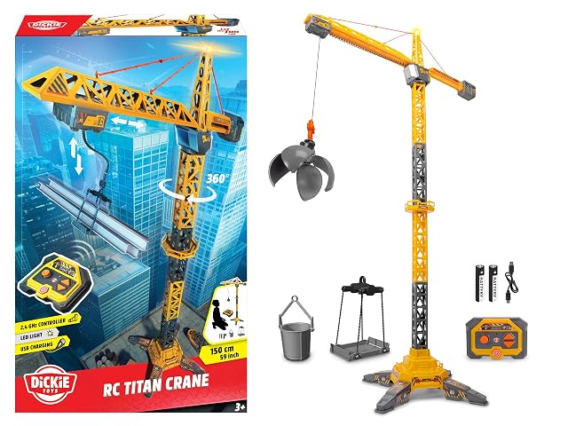 Dickie, Grúa Titan Radio Control 150 cm, Gira 360º, Sube y Baja con Luz y USB, Incluye Accesorios