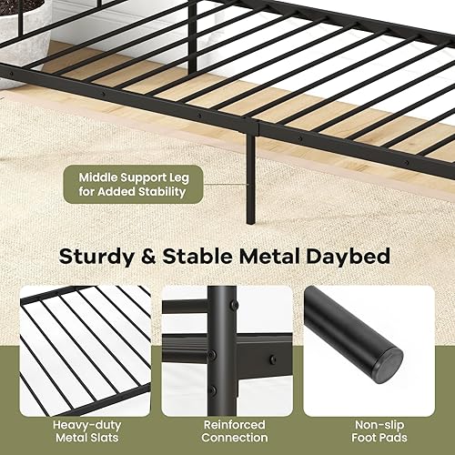 Miniatura 7 de GOFLAME Marco de cama de metal tamaño individual, marco de cama individual con respaldo alto con listones de alta resistencia, cabecero, plataforma