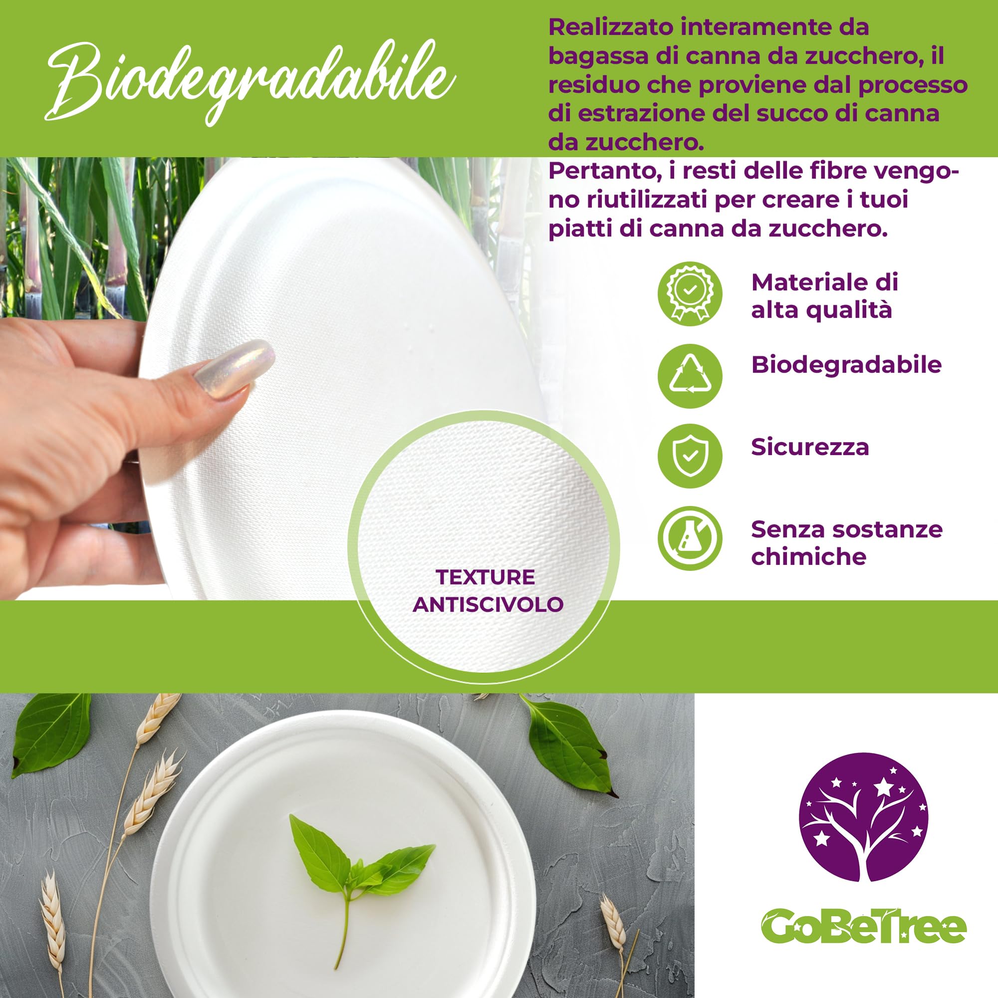 GoBeTree 100 Piatti Monouso Rotondi in Canna da Zucchero da 26 cm Bianchi. Piatti di Carta Usa e Getta Extra Resistenti, per Campeggio, Picnic, Feste, Barbecue, Compleanni.