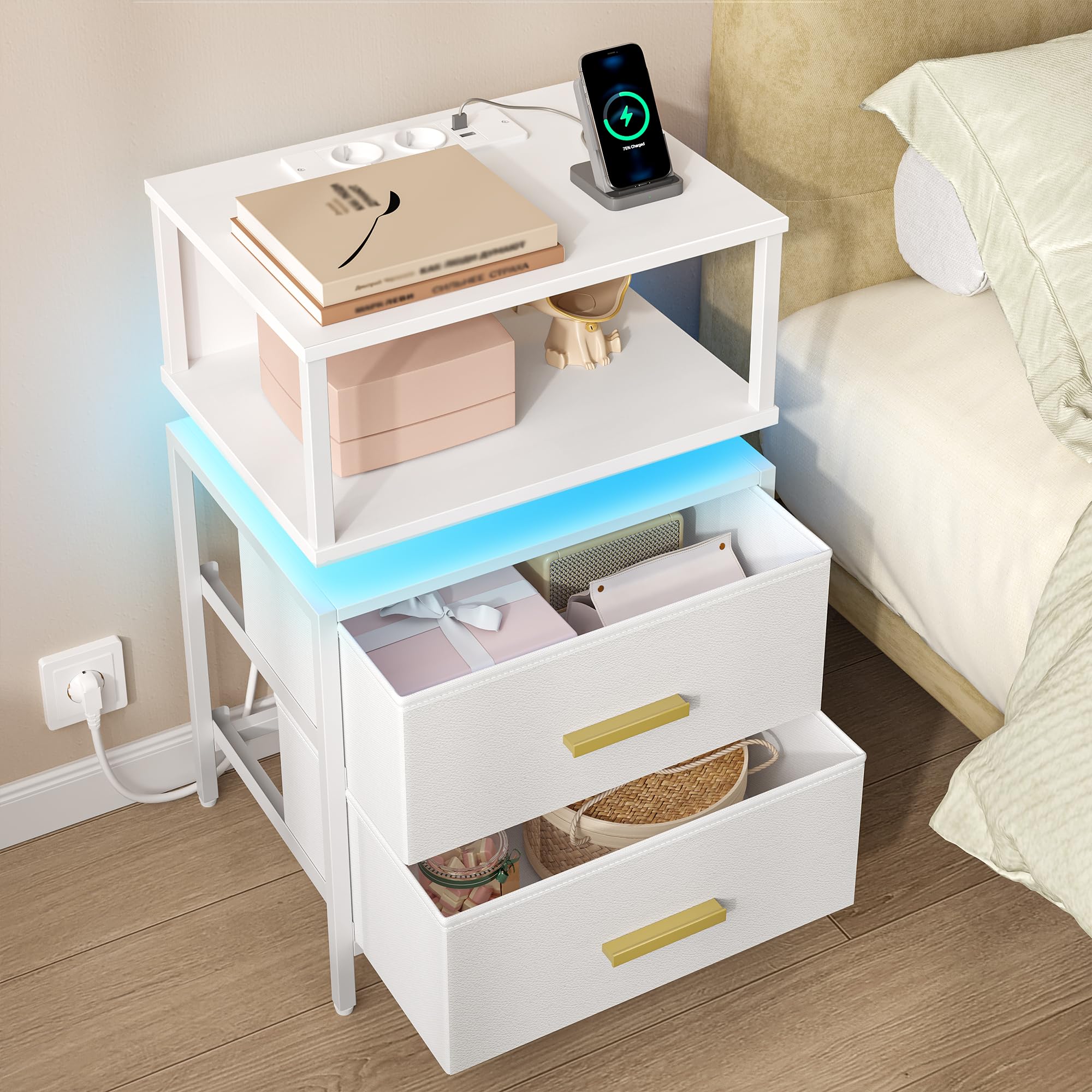 HEXCELEN Table de Chevet, Lot de 2, Table de Chevet Éclairée, 2 Tiroirs et Compartiment Ouvert, Tables d’appoint avec Ports USB et Prises, pour Chambre à Coucher, Salon, 30,1 x 40,2 x 62,1 cm Blanc