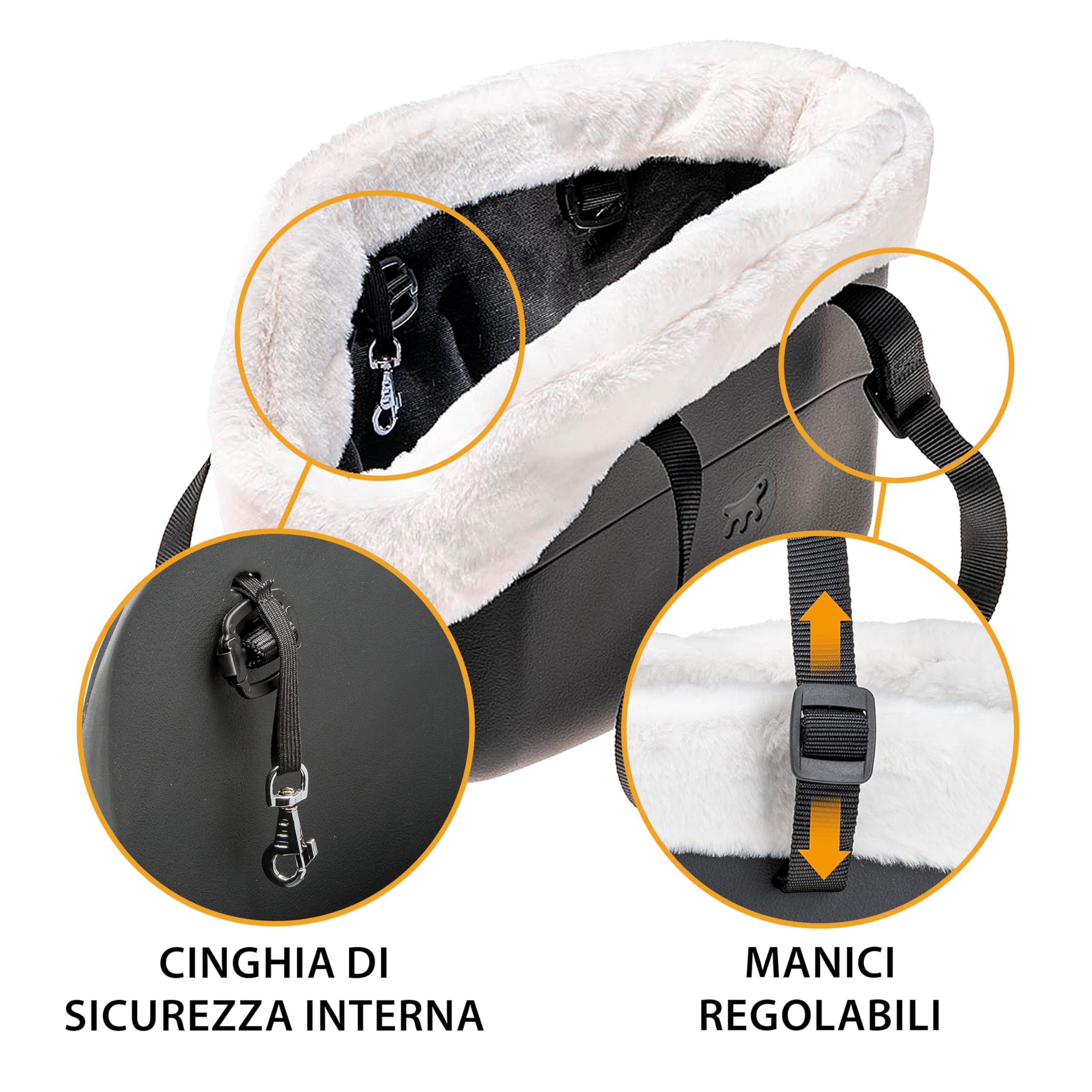 Ferplast Borsa per Cani Gatti fino a 8 Kg. Plastica Gommata Impermeabile e Lavabile, Imbottito con Caldo Peluche, Manici Regolabili, Cinghia di sicurezza, 43,5 x 21,5 x h 27 cm. Nero
