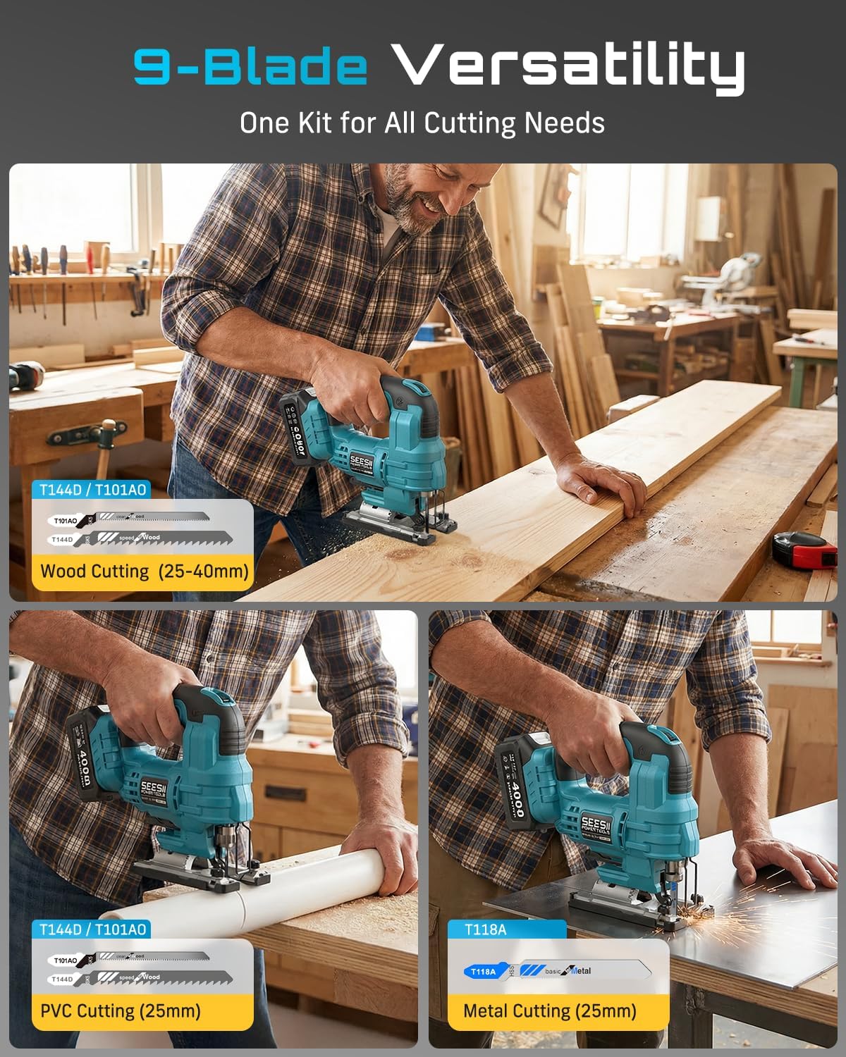 SEESII Brushless Cordless Jigsaw Tool, 2×4.0Ah Batteries, Tool-Free 0–45° Bevel Cutting, 3500 SPM Variable Speed, 4 Orbital Settings, Electric Jig Saw for Woodworking & DIY Projects & Home Use