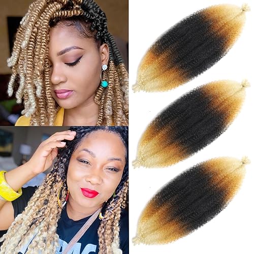 Vista 50 de Cabello afro trenzado elástico color marrón claro de 16 pulgadas, paquete de 3 T27, cabello afro preesponjado y trenzado elástico, cabello afro