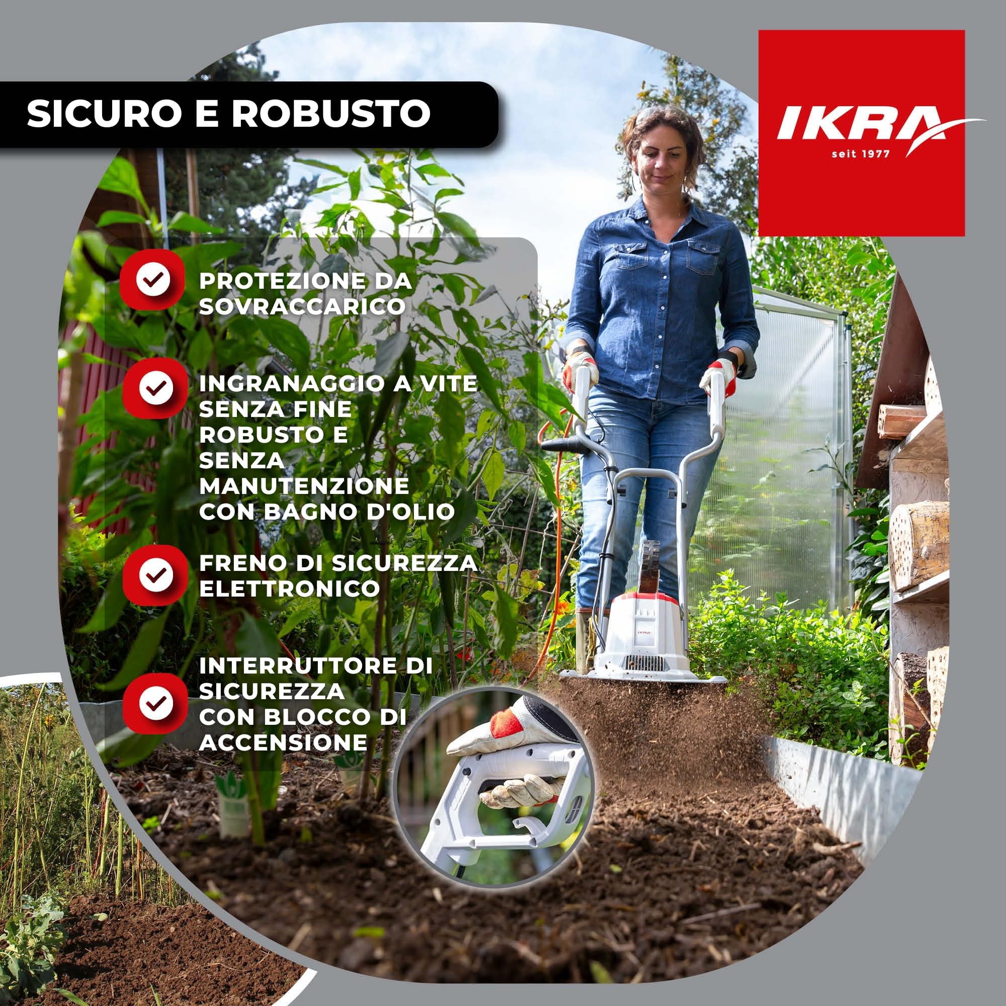 IKRA motozappa elettrica IET 1030, larghezza 30 cm, profondità 20 cm | 1080 W, sperone frenante, ruota di trasporto, ripiegabile per risparmiare spazio, protezione da sovraccarico