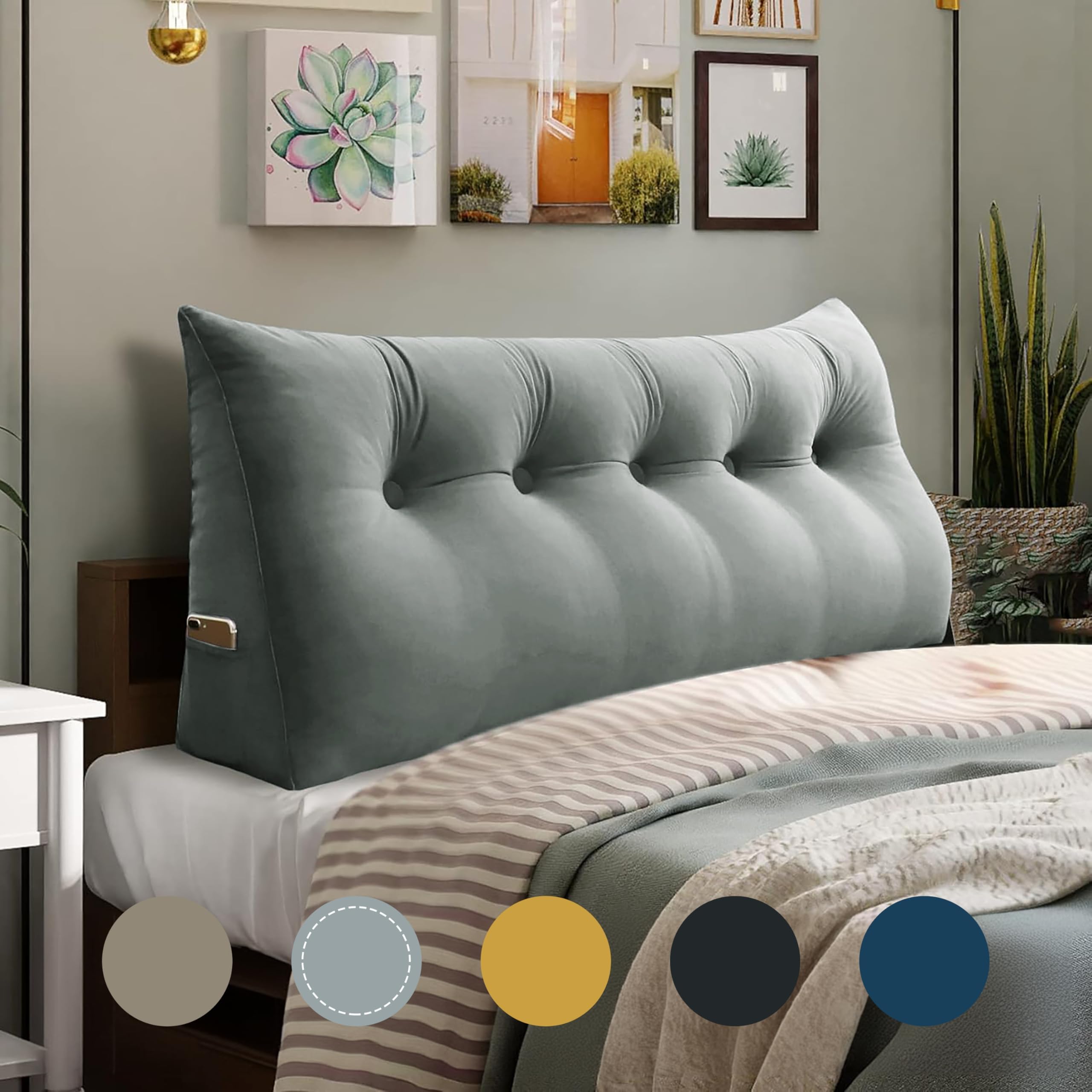 WOWMAX Wedge Pillow Headboard Queen Triangular Headboard Pillow Queen Bed Wedge Pillow for Headboard Bolster Pillow for Bed Daybed Pillows with Removable Cover, Velvet(100% Cotton), Gray