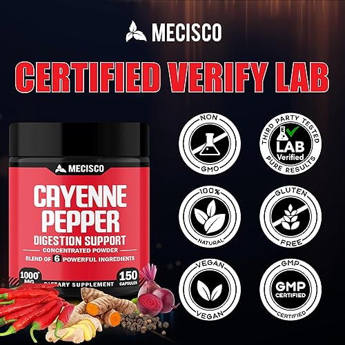 Miniatura 6 de Mecisco Cápsulas de pimienta de cayena orgánicas con raíz de jengibre, raíz de remolacha y pimienta negra y más  150 cápsulas  Suplemento de cayena