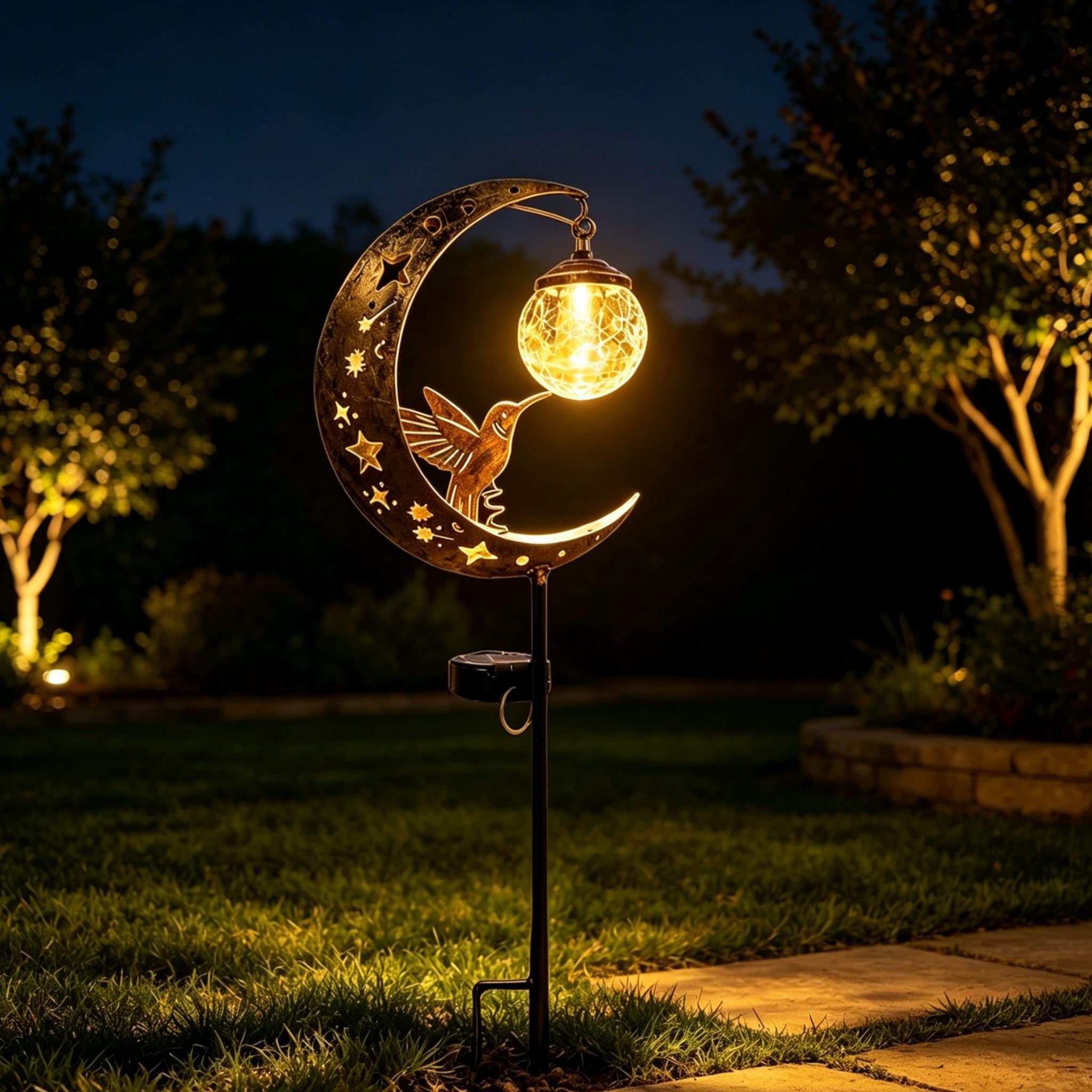 Hummingbird Moon Solar Garden Stake Light, Mond Solarleuchten Garten Deko, Wasserdichte Solarlampen für Außen, Half Moon Solar Lichter mit Craqueléglas Kugel für Hof, Terrasse,Rasen (3 STK)