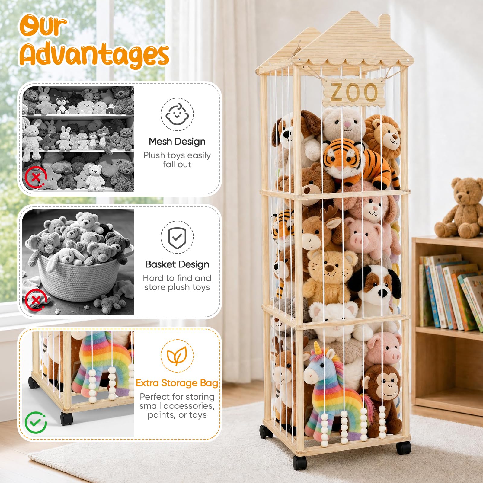 Organizador Peluches,Caja de Almacenamiento para Peluches con Reudas a 360°y Frenos,151x46x46CM Portaositos de Peluche para Habitaciones de Bebés, Dormitorios y Habitaciones Infant (Chimenea)