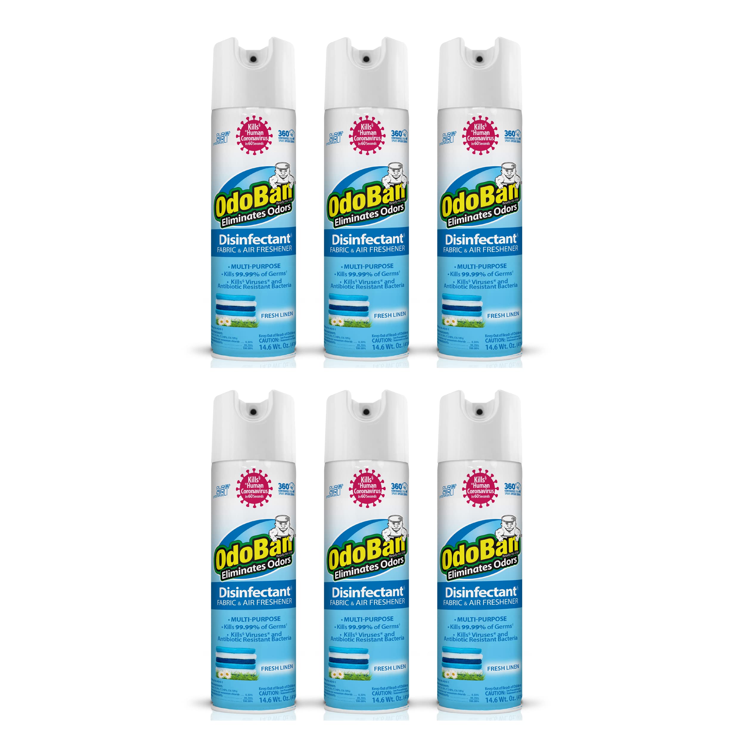 OdoBanReady-to-Use 360-Degree Continuous Spray Disinfectant and Harsh Aroma Eliminator, Fabric and Air Freshener, 6 Pack, 14.6 Ounces Each, Fresh Linen Scent