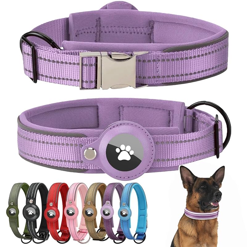 Coleira refletiva ajustável para cães grandes com suporte para Apple AirTag Swizitelon Purple, tamanho XL