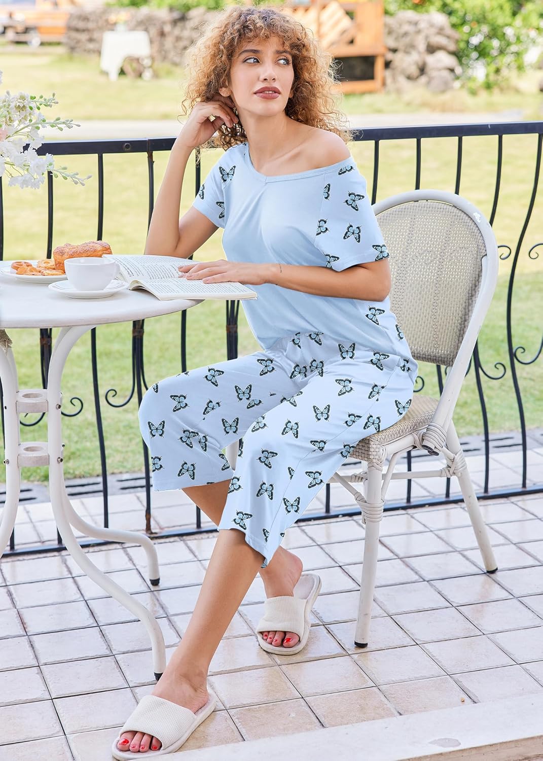 Ekouaer Pajamas for Women Set Short Sleeve Pj Sets Pullover Tops & Capri Pants 2 Piece Sleepwear Loungewear S-XXL - Image 3