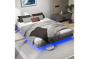 Full Size Floating Bed Frame with Under Bed Storage and LED Lighting System
