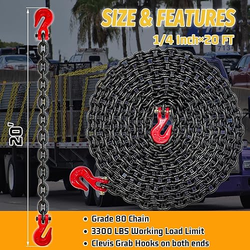Miniatura 62 de Cadena de transporte de 3/8 pulgadas, cadena de remolque G80 con ganchos de seguridad y agarre G70 Carga de trabajo de 7100 libras Cadena