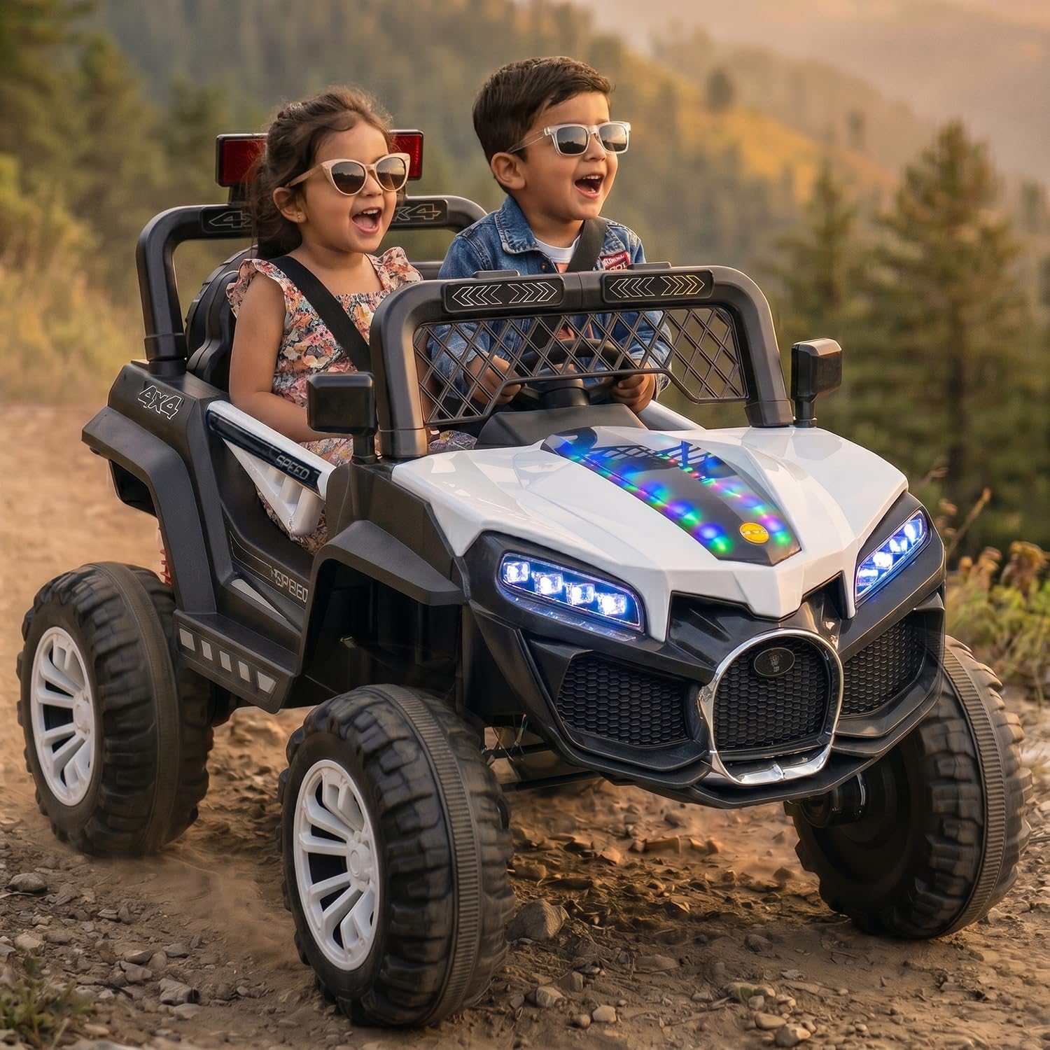 Toyzone Swanky Electric Jeep (White) | 12V Rechargeable Ride on with 8Ah Battery | Music Player with BT, USB & AUX | Smooth Acceleration | 6M Battery Warranty | Age 3-12 Years, Upto 50 kg