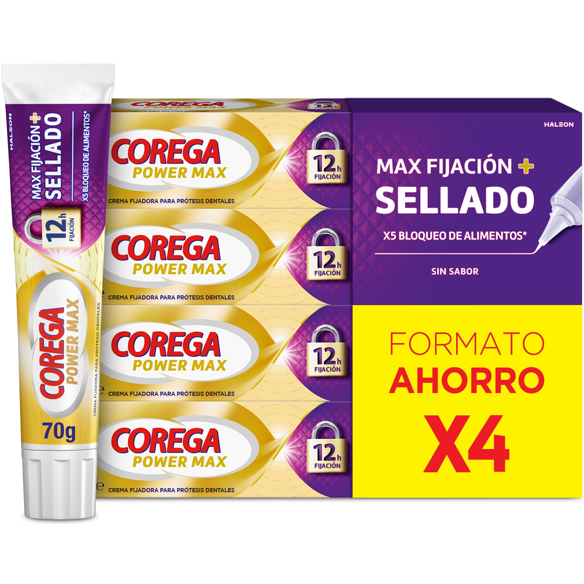 Corega Max Fijación+ Sellado, Máximo Sellado, Crema Fijadora Para Prótesis Dentales, Hasta 12 Horas de Fijación, 4x70 g