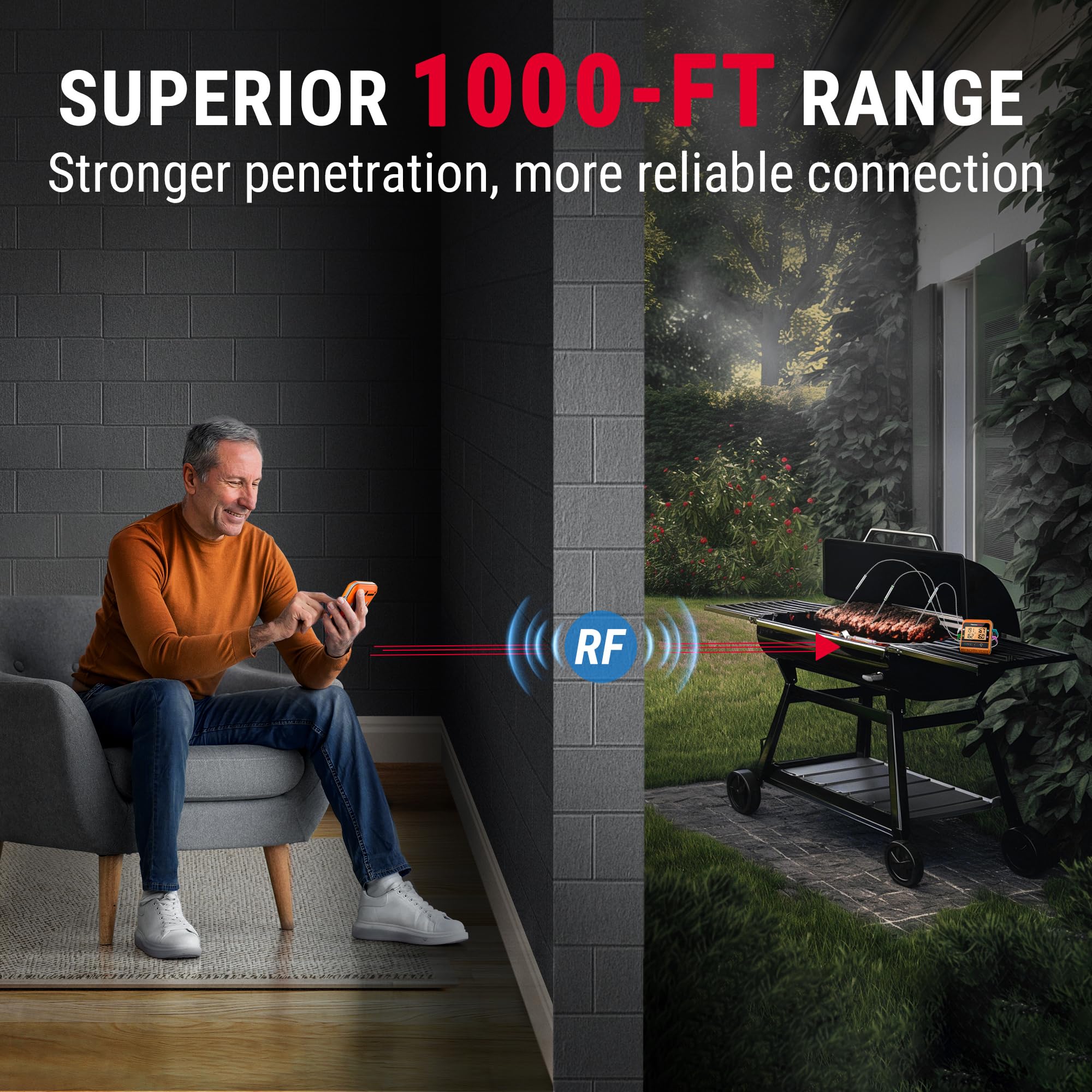 ThermoPro TP829 Termómetro inalámbrico LCD para carne para asar y ahumar, termómetro de parrilla de 1000 pies para parrilla exterior con 4 sondas de carne, termómetro de barbacoa para horno ahumador,