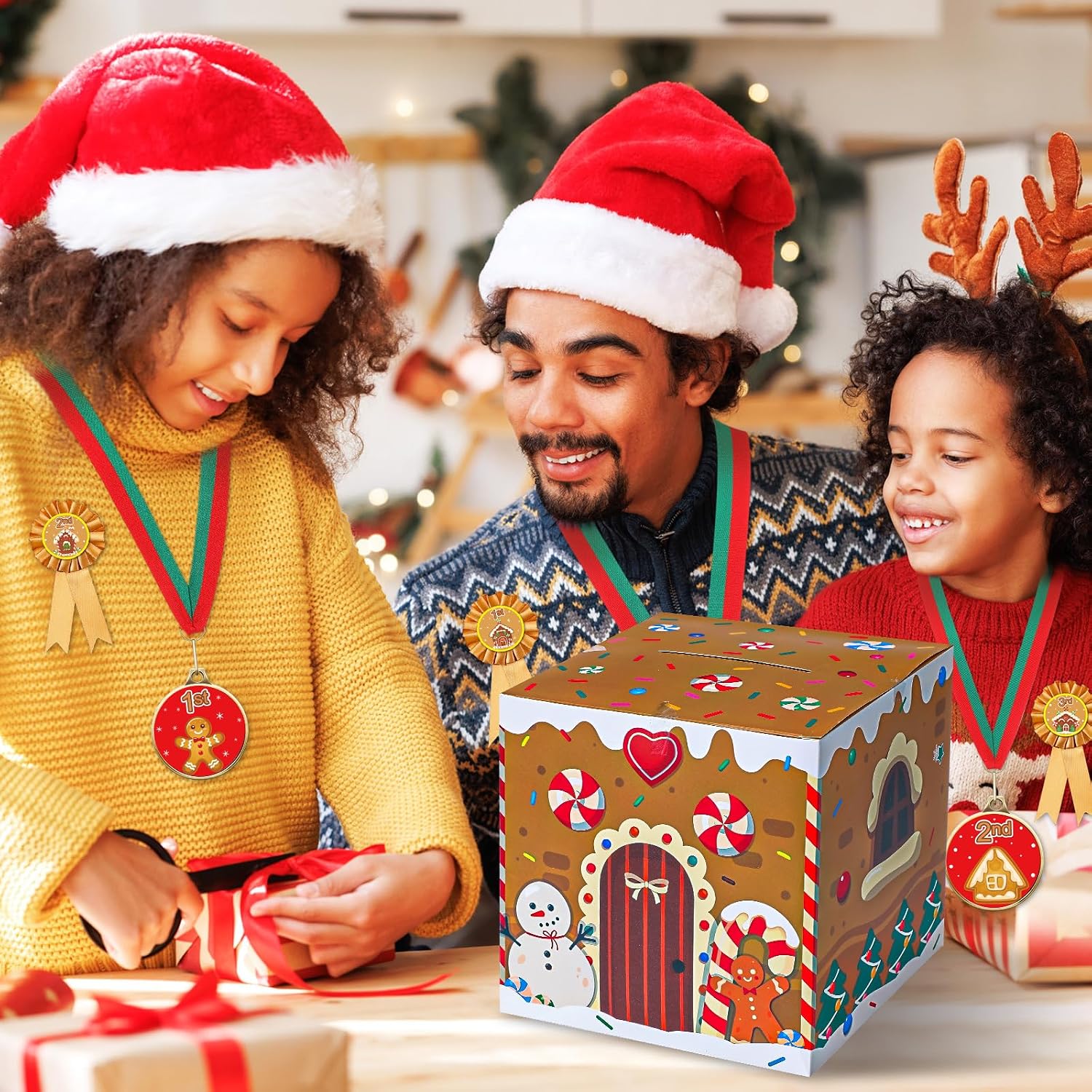57 Pcs Christmas Gingerbread House Decorating Contest Kit Includes 1 Voting Box 50 Ballot Cards 3 Christmas Ribbons and 3 Award Medals for Xmas Holiday Party Trophy Supplies