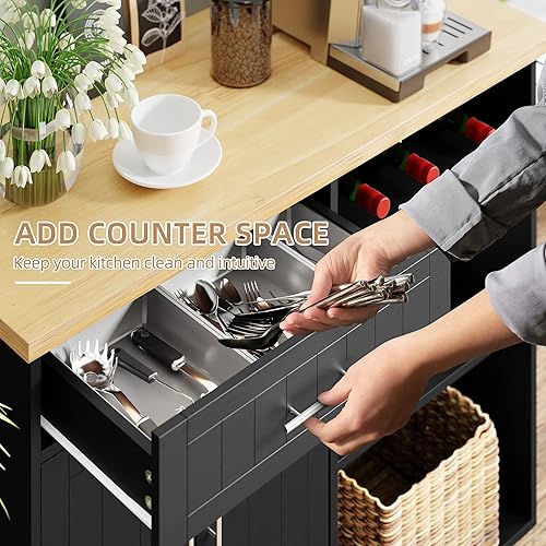 Miniatura 20 de Shintenchi Carrito de isla de cocina con almacenamiento, mesa auxiliar de isla de cocina con ruedas con encimera, armario de almacenamiento de una