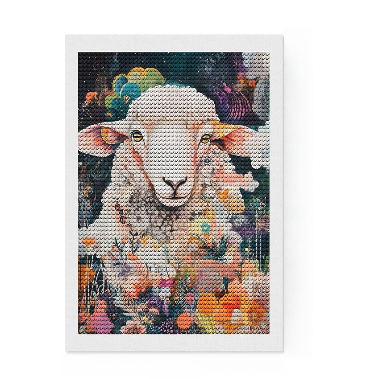 Junmoney Sacred Sheep in Bloom - Psychedelic Floral Field Art Diamond Painting Set 8"x12", Complete Accessories, Satisfying Creative Project, Stress Relief Craft, Office Decor