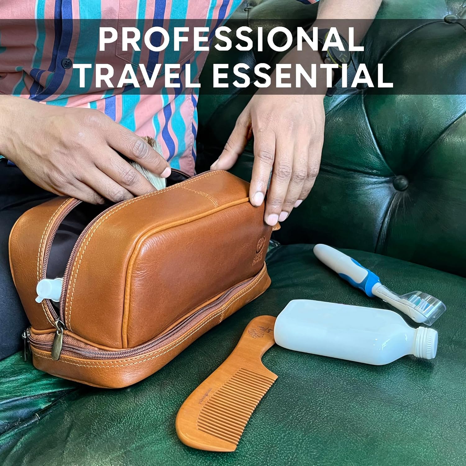 RUSTIC TOWN Leather Toiletry Bag - Waterproof Ditty Kit for Men and Women, Travel Organizer for Full-Size Essentials, TSA Approved
