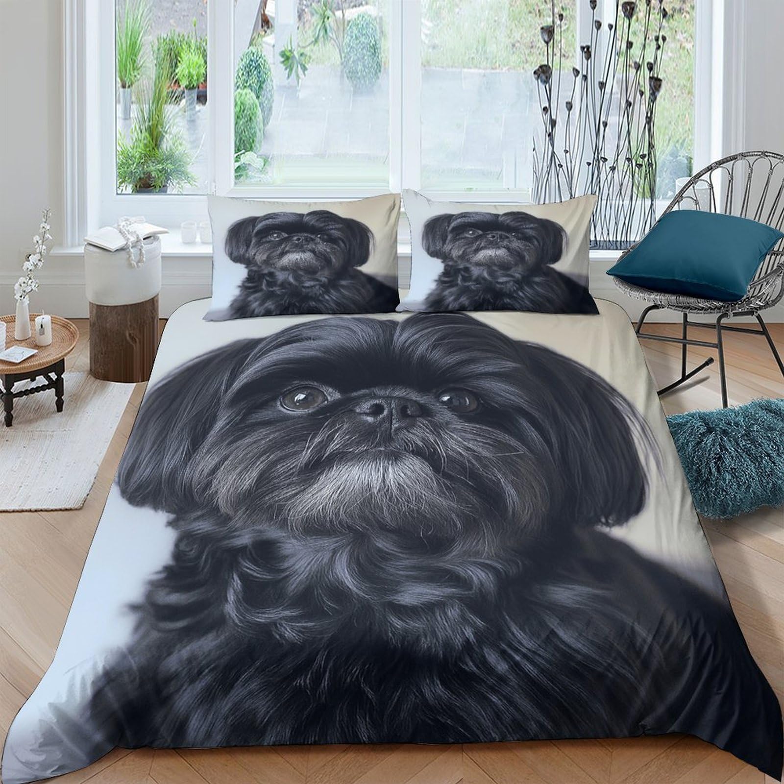 Ctjqhvkz Style-9 3D Printed Black Shih Tzu Dog Fitted Sheet Microfiber Soft Non-Slip Pet Portrait Bed Cover For Bedroom Guest Room Home Decor Single（135X200cm）