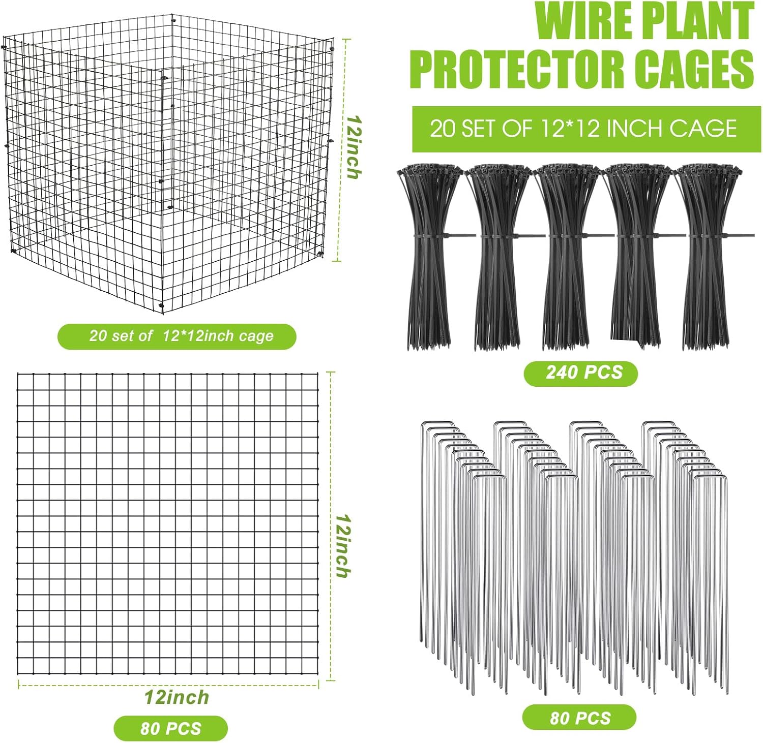Zubebe 20 Sets Pack Small Wire Plant Protectors 12 x12 inches Square Plant Protectors from Animals Garden Plant Protector with Ground Stakes and Nylon Ties