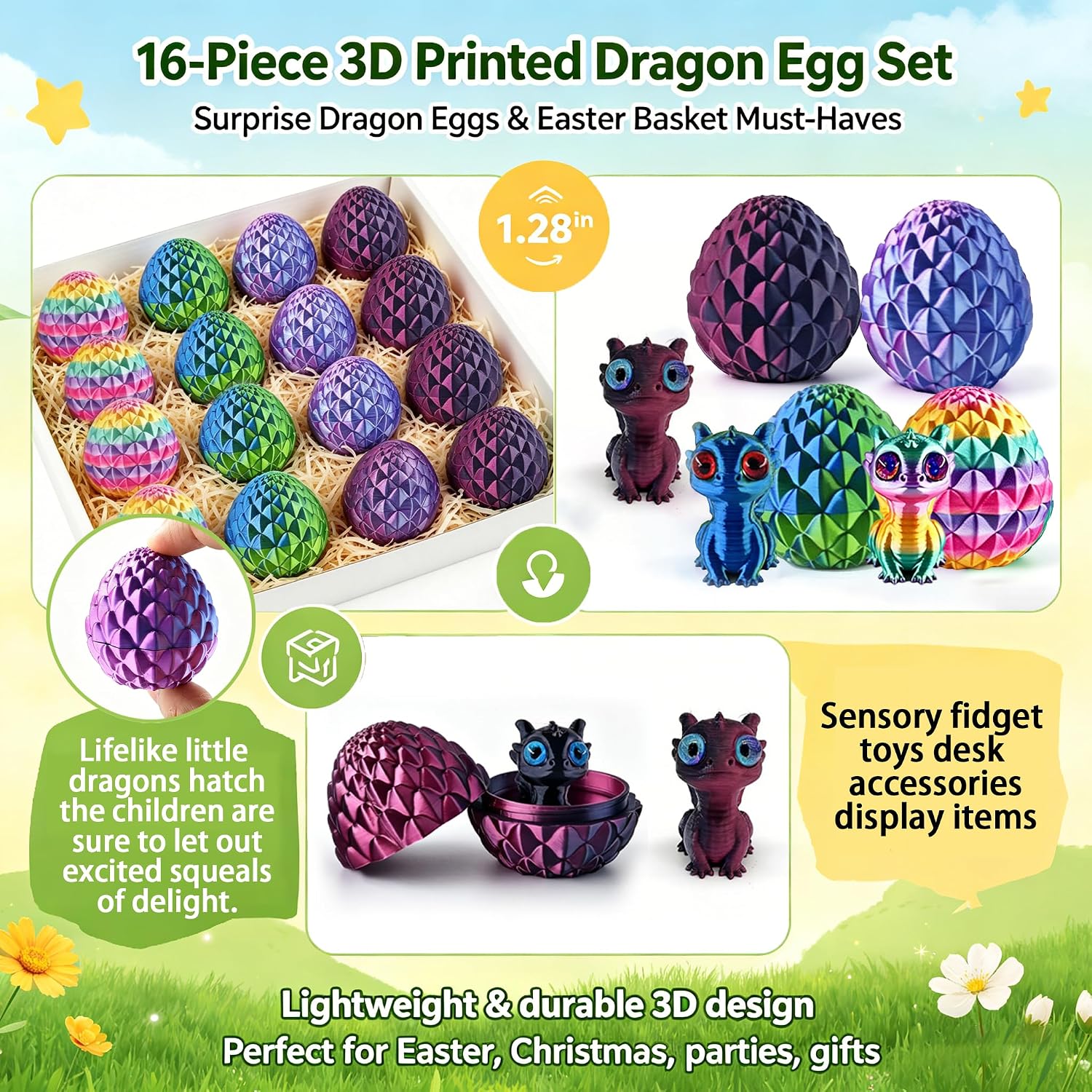 16Pcs 3D Dragon Eggs with Dragon Inside,3D Printed Dragon Egg Easter Egg Stuffers for Party Favors,Fidget Toy,Birthdays Gifts,Classroom Prizes,Mysterious Dragon Eggs Toys for Kids Teens Boys Girls