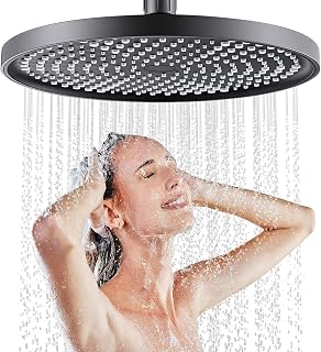 Round Head Shower Rain Shower 25 cm Fixed Shower Head Large Shower Head High Pressure Water Saving Self-Cleaning Rain Shower Shower Head 360° Adjustable (Black)