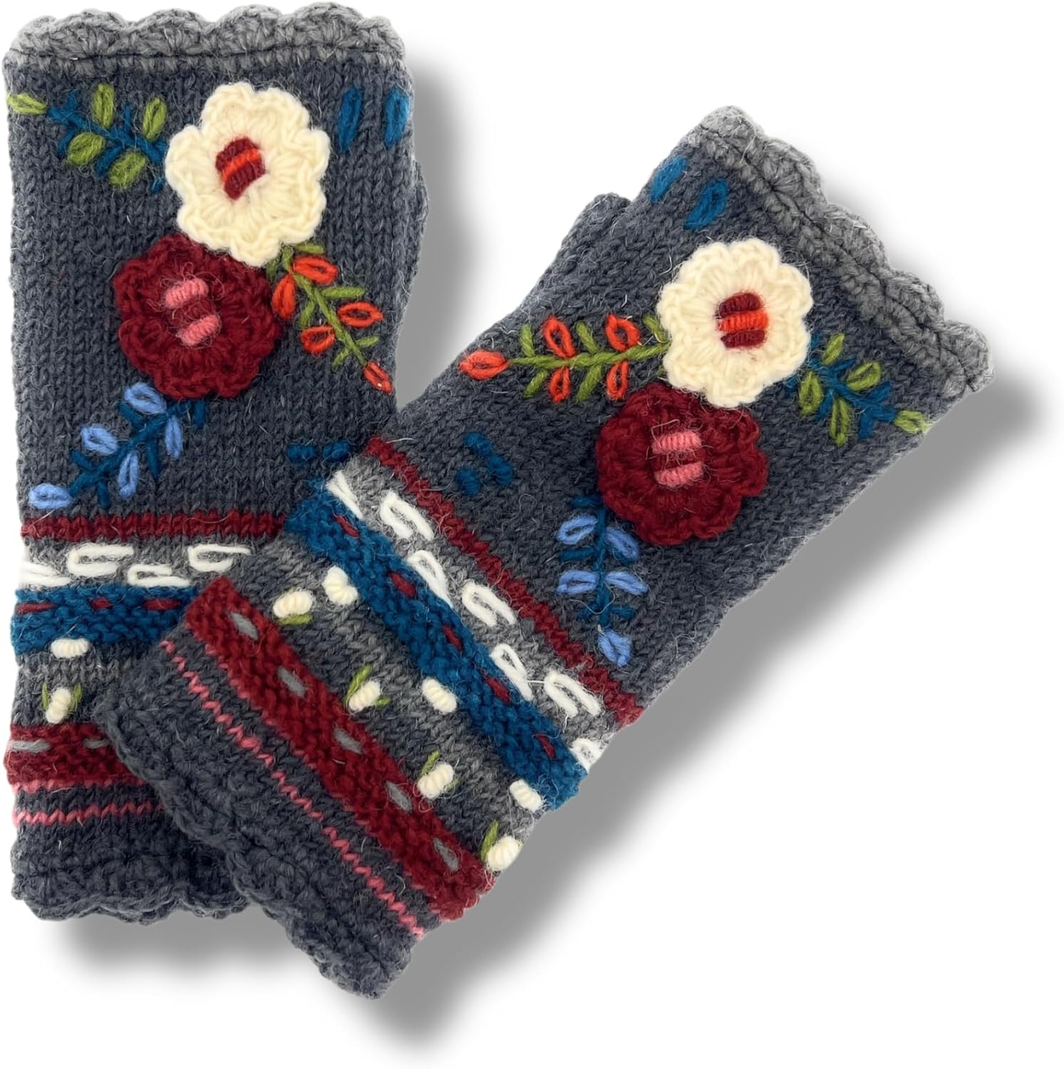 Hand Knit Fingerless Embroidered 2 Flower Gloves Embroidered Wool Fleece Lined Texting Mittens Arm Warmers - Image 3