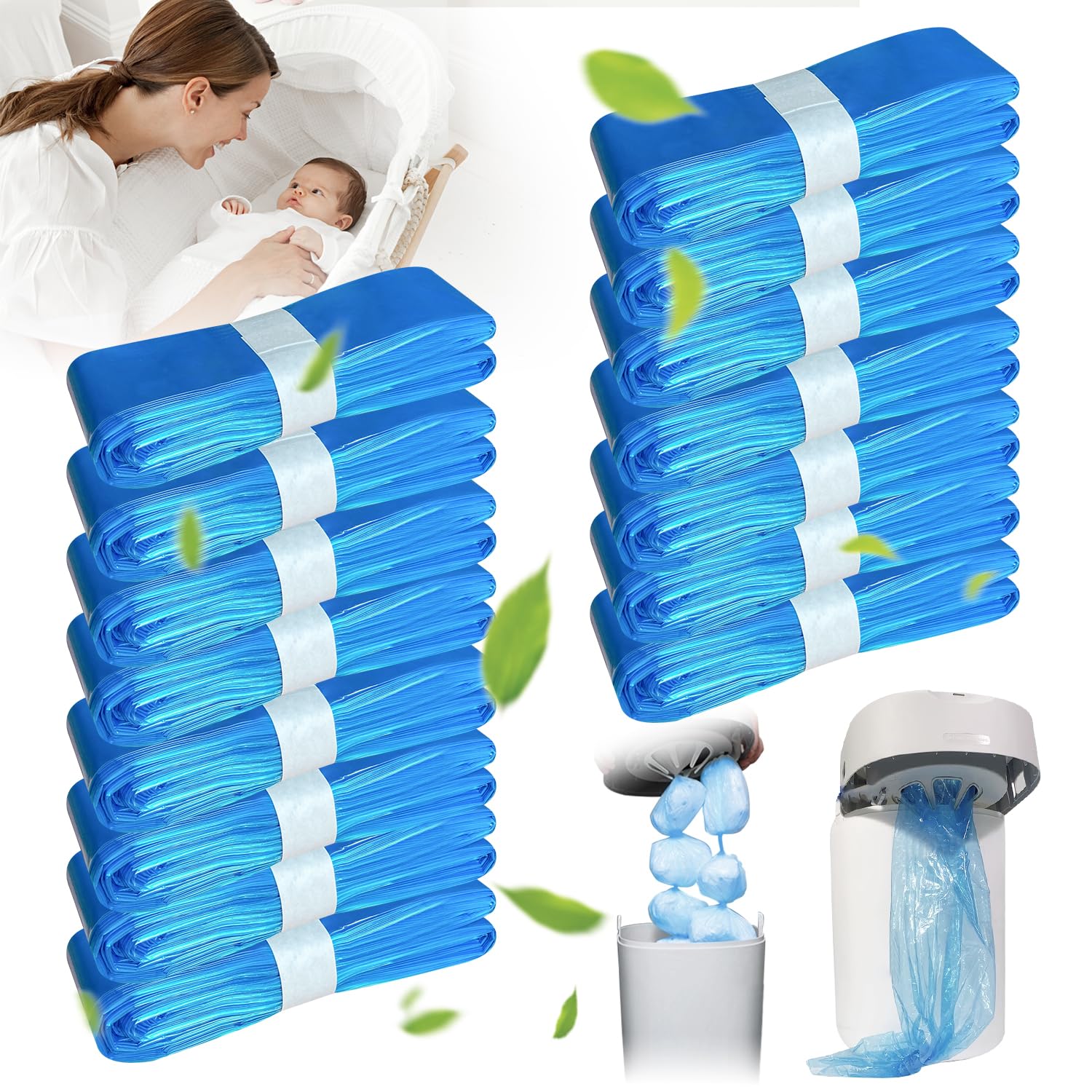 15 Piezas Recambios para Cubo Pañales, 4,5 M Recambio Papelera Pañales Resistente a Los Olores,Compatible con todas las bolsas de recarga para cubos de pañales para bebés