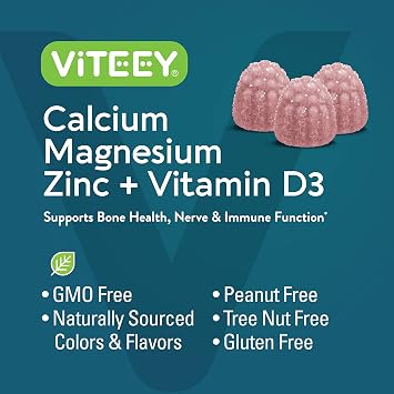 Viteey Calcium Magnesium Zinc Gummies with Vitamin D3 | Supports Bone Health, Nerve & Immune Function - for Adults & Teens - GMO Free - Chewable Raspberry Flavored Gummy - 180 Count