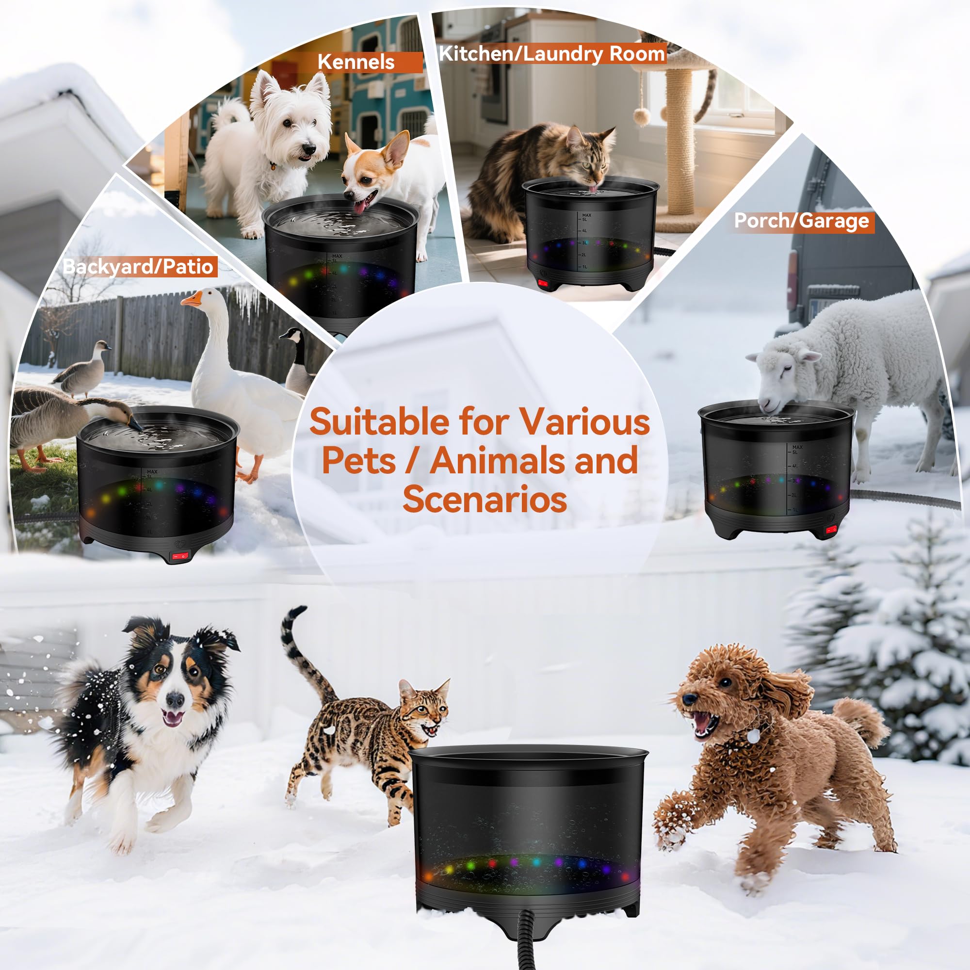 Cuenco de agua caliente de 5.5 L, cuencos grandes de invierno de 1.45 galones para perros para exteriores, cuenco de agua impermeable para mascotas con cable de alimentación resistente a las