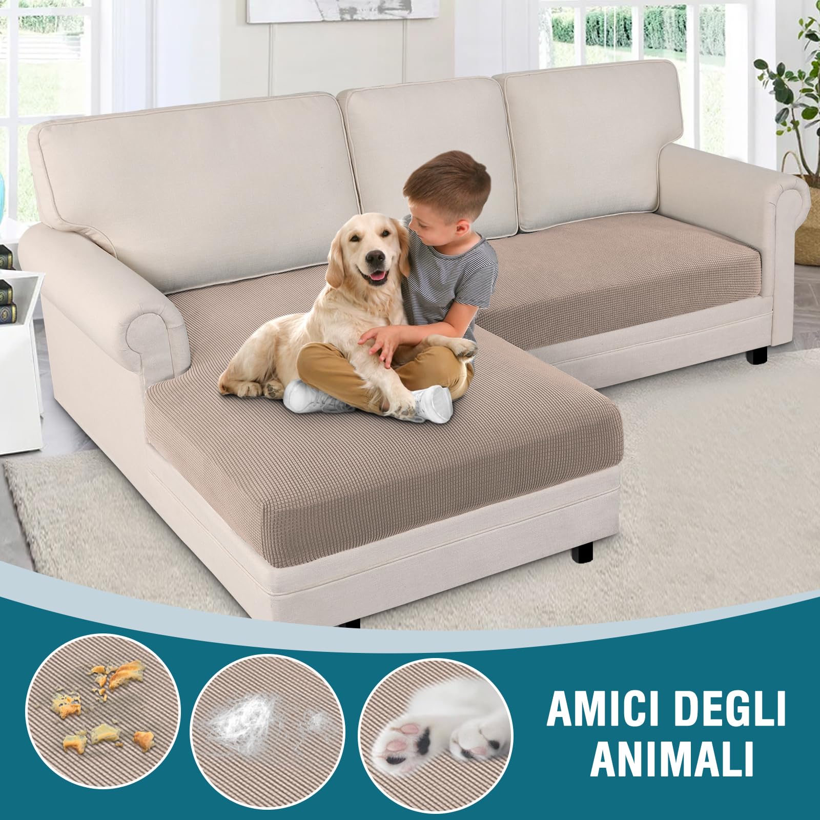 BellaHills Elasticizzato Copridivano 2 Posti Con Penisola, Copridivano Angolare Destra/Sinistra Universale, Lavabile Copri Divano Chaise Longue Antigraffio Gatto (2 Posto + Chaiselongue, Sabbia)