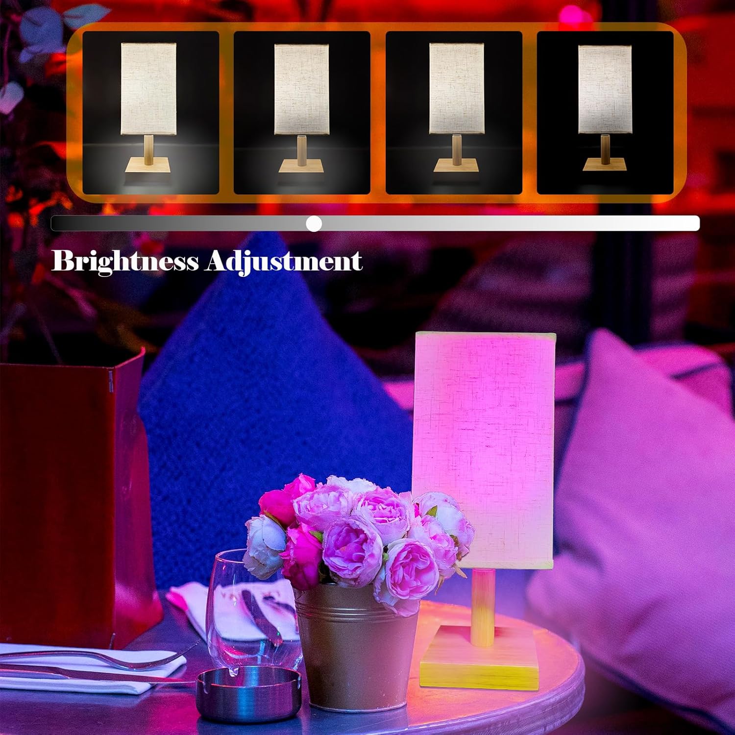 Wireless Bedside Table Lamp with 2 Pcs E26 RGB Rechargeable Battery Bulb, Remote Control, Dimmable, Timer, Cylindrical Fabric Light for Living Room, Bedrooms, Reading, Night Lighting