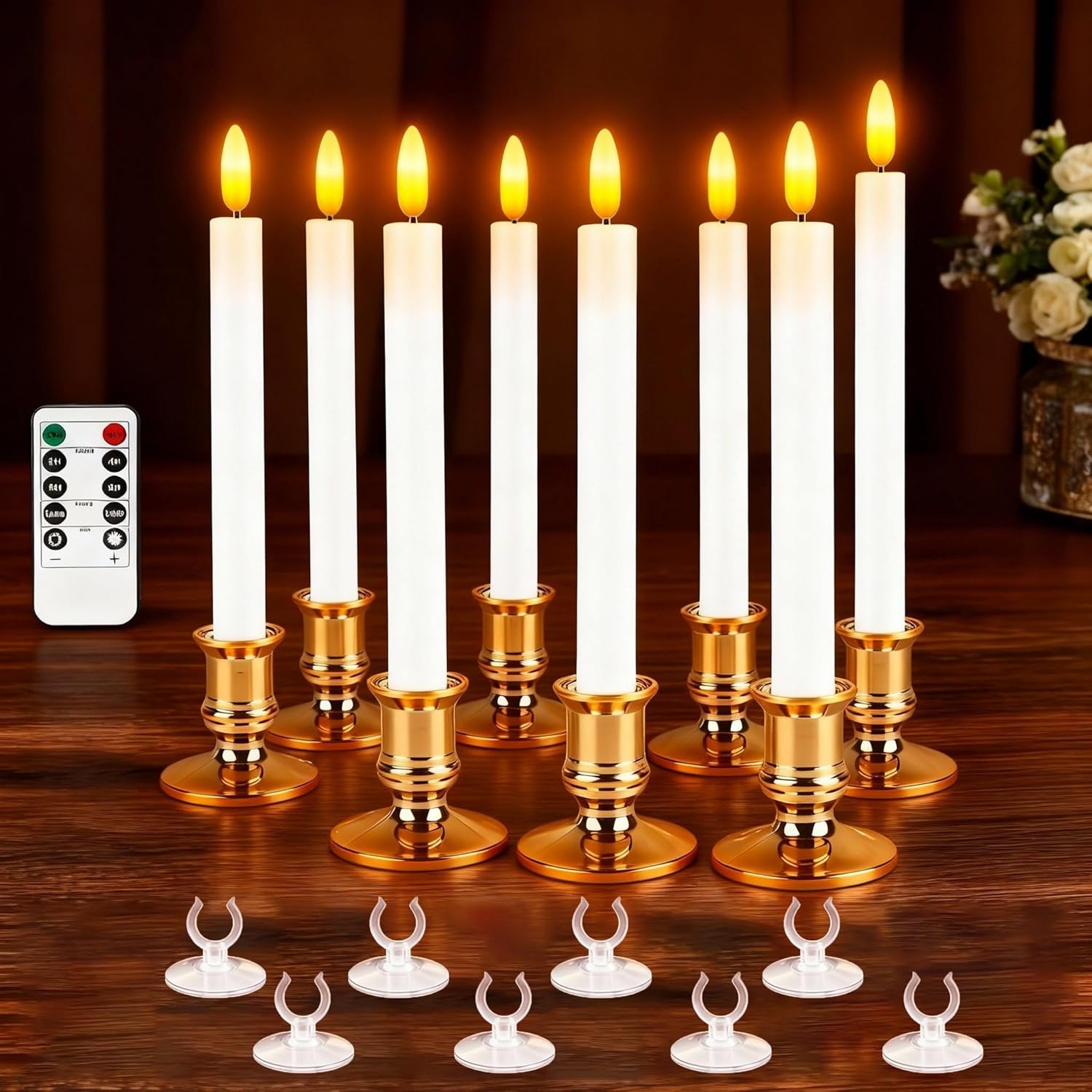 Christmas Window Candles, 8 Pcs Battery Operated Flameless Taper Candles with Remote, Timer, 3D Wick, Holders & Suction Cups for Christmas, Wedding, Halloween Decor