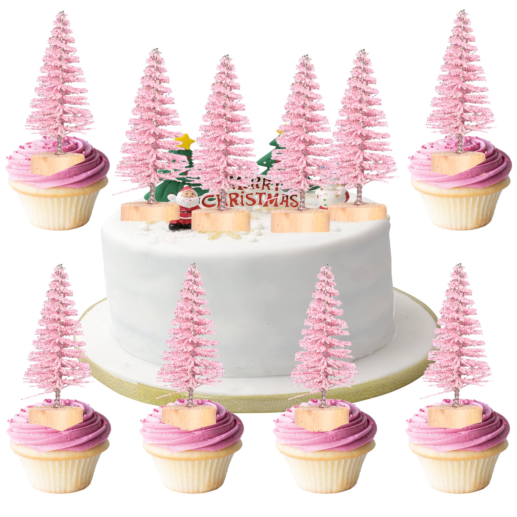 Gyufise 12Pcs Mini Christmas Tree Cupcake Toppers 3D Mini Christmas Tree Cake Topper Decorations for Xms Birthday Winter Holiday Party Decoration Supplies Pink