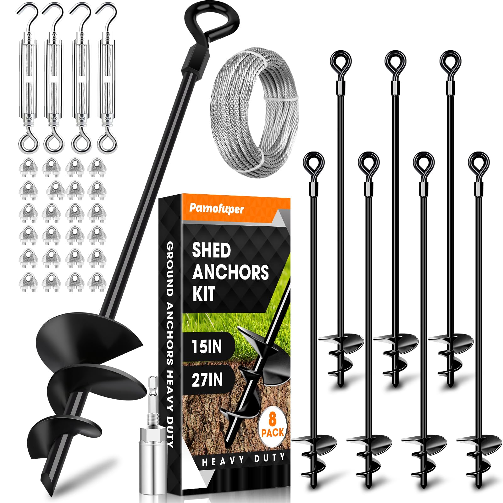 Paquete de 8 anclajes de suelo de 24 pulgadas con cable galvanizado de 3/16 pulgadas, kit de anclaje de cobertizo, estacas de trampolín, anclajes de viento fuerte, ideal para toldos, cobertizos