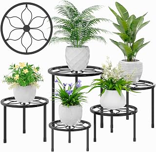 VECELO 5-Pack Heavy Duty Metal Plant Stands Indoor Outdoor - Round Flower Pot Holders Black, Rust-Resistant Up to 135lbs