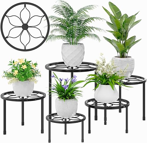 VECELO Juego de 5 soportes de metal para plantas, soporte para macetas de alta resistencia, soporte redondo para plantas, color negro