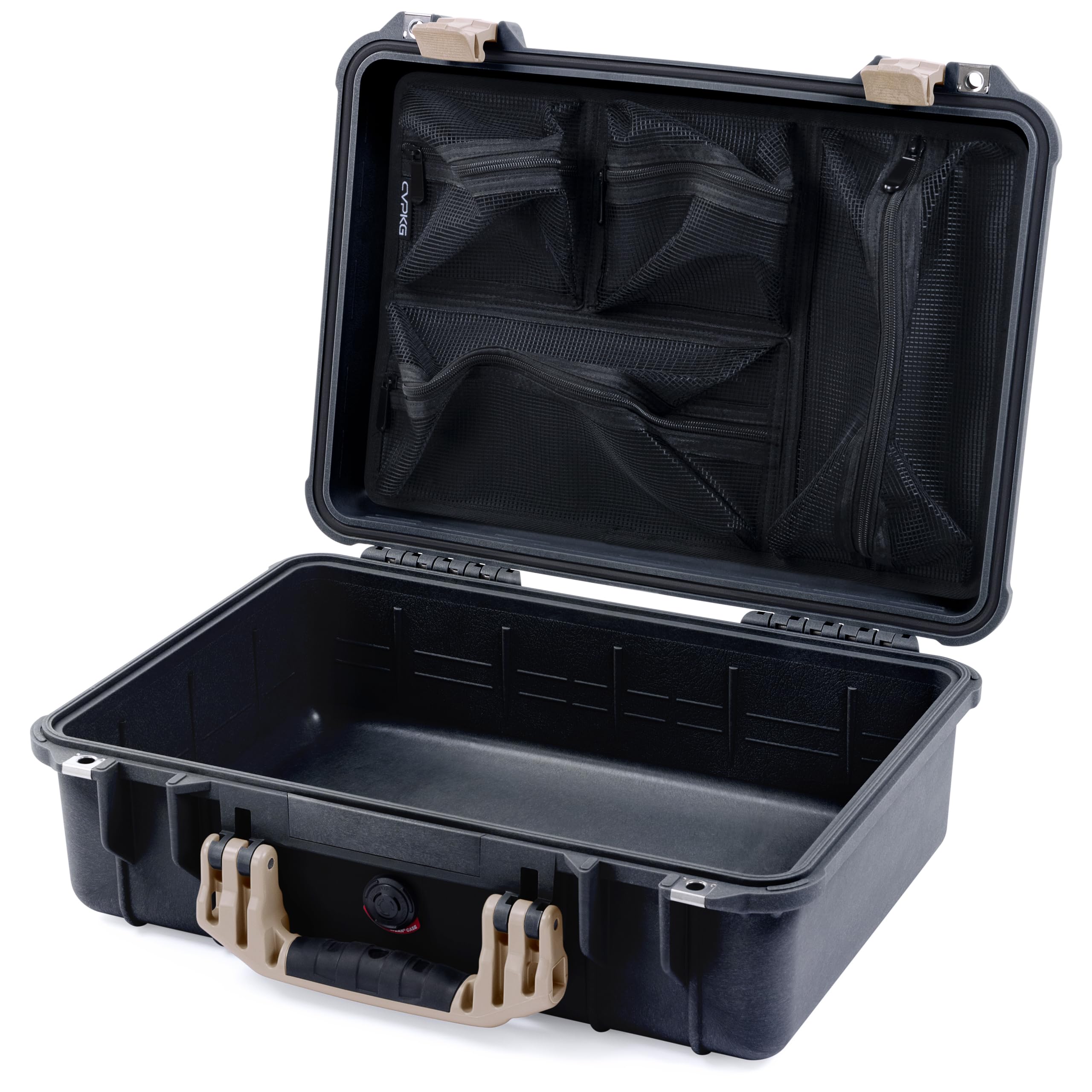 ColorCase Pelican 1500 Case Black - Medium Size Waterproof Case with Mesh Lid Organizer Only - Desert Tan Handles & Latches