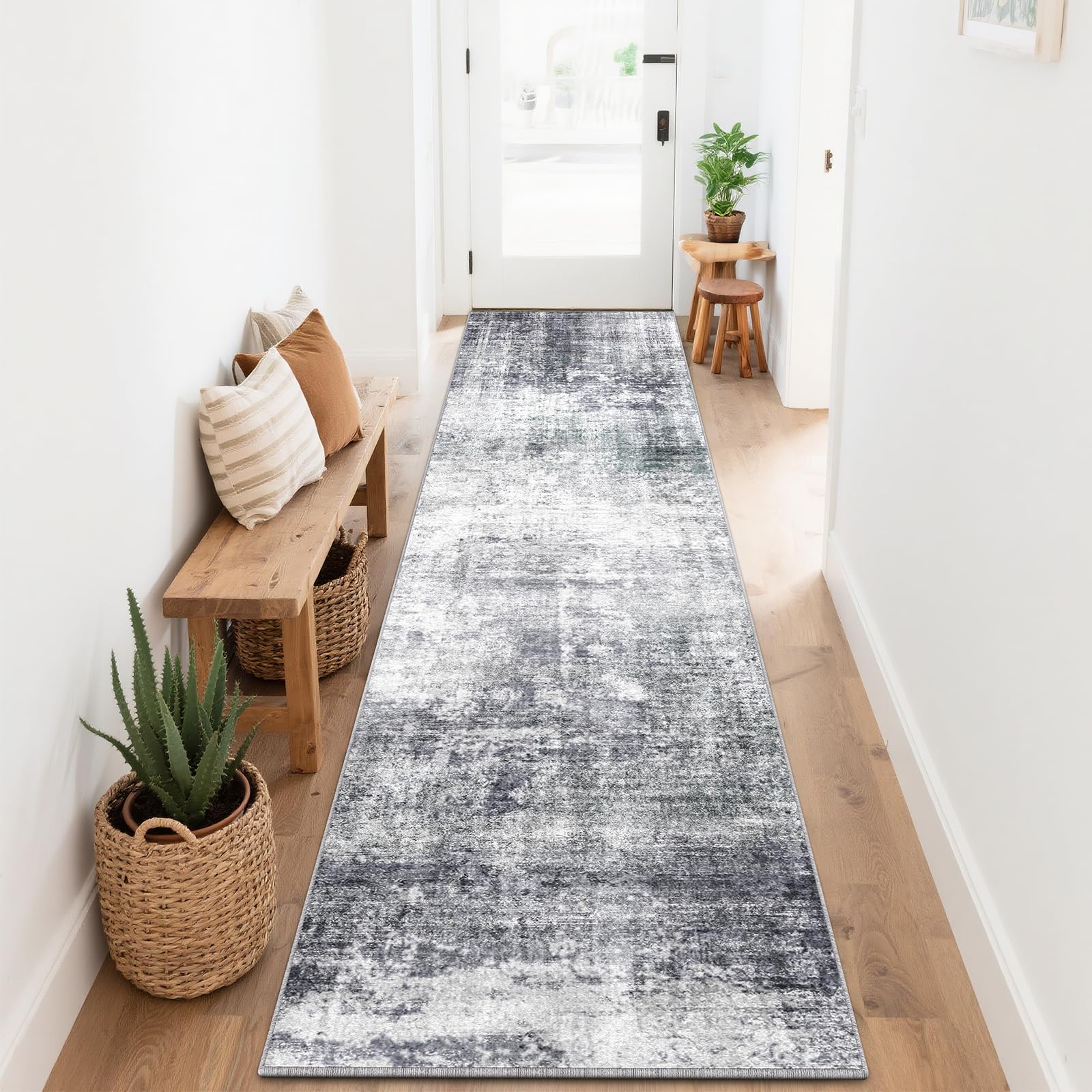 SOANNY Runner Rug, 80x300 cm Abstract Low Pile Carpet, Non-Slip Washable Area Mat for Bedroom, Hallway, Kitchen, Laundry, Entryway, Utility, Beside Sofa, Office, Light Grey