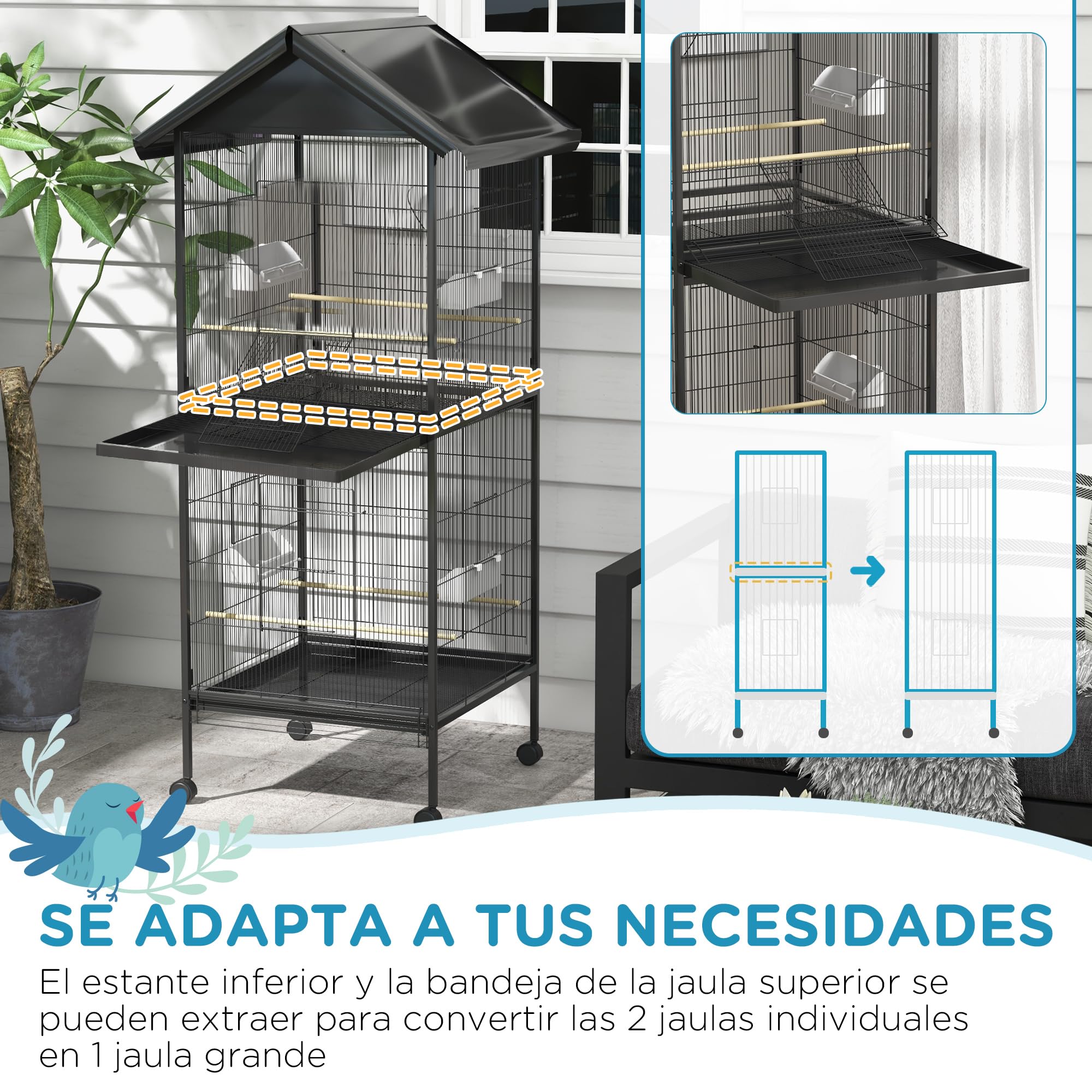 PawHut Jaula para Pájaros Grande de 2 Pisos Convertible en Sola Pajarera con Ruedas 4 Comederos 4 Perchas y Bandejas Extraíbles para Canarios Loros 78x75x168 cm Negro