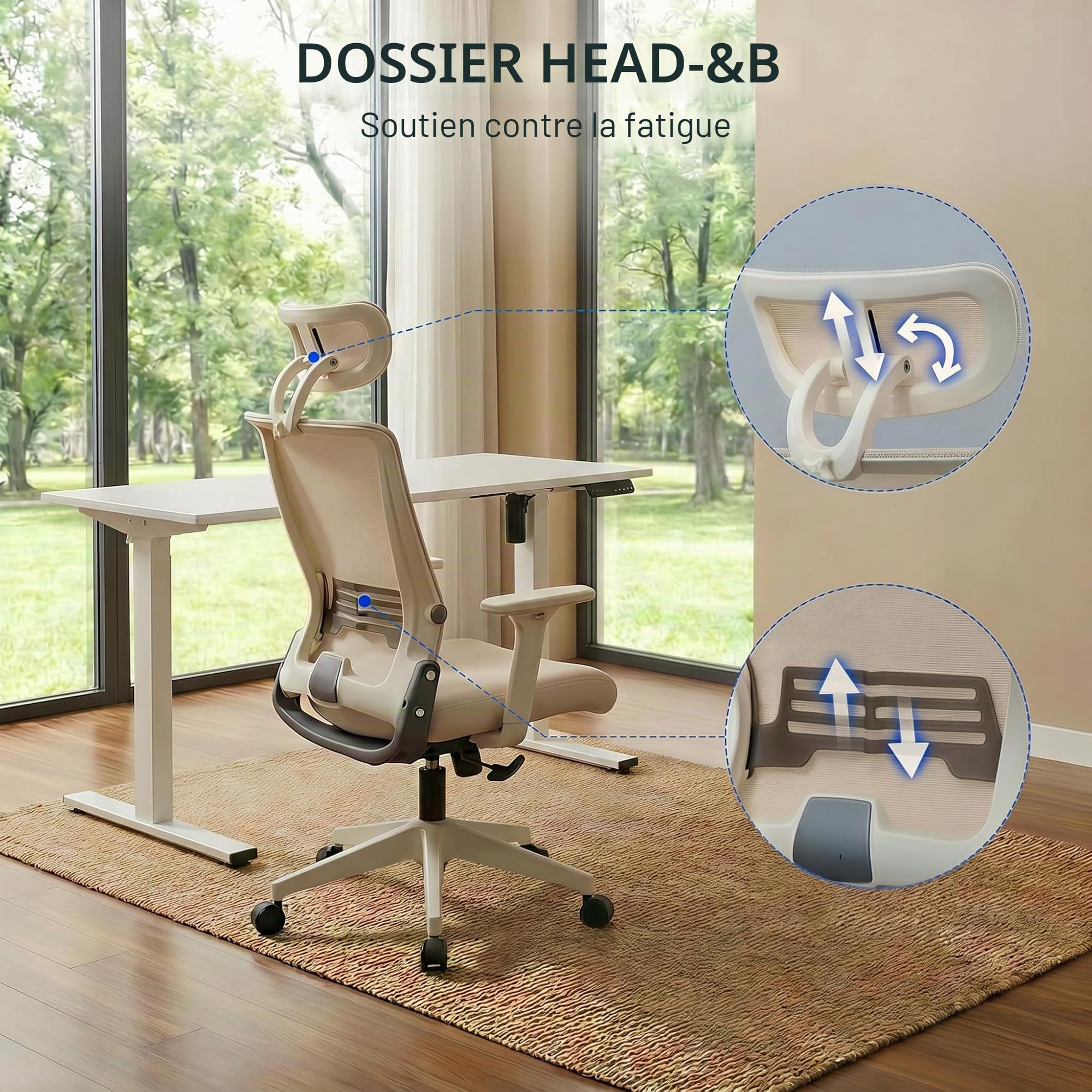 FLEXISPOT Foldex Chaise Bureau Pliante, Chaise Ergonomique avec Support Lombaire, Accoudoirs Réglables en Hauteur, Appui-Tête 2D, Chaises de Bureau avec Repose-Pieds, Beige