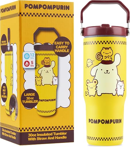 Get Trend Hello Kitty Pompompurin 30oz Tumbler with Handle and Straw, Kids Stainless Steel Insulated Water Bottle,BPA-Free,Leak-Proof, Cold for 12h, Hot 5h, Kawaii Gifts for Girls(Yellow Pompompurin) (ASIN B0G1THKQWV), rank #3 by monthly sales volume for 'Pompompurin' on Amazon