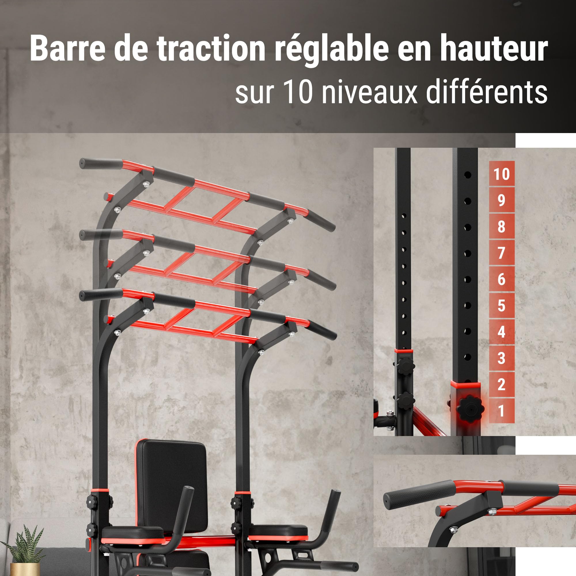 HOP-Sport® Power Tower HS-2015K avec Station de dips et Barre de Traction, Chaise Romaine avec Banc de Musculation Pliable et Support pour haltères, Station de Musculation avec Charge Max. 150 kg
