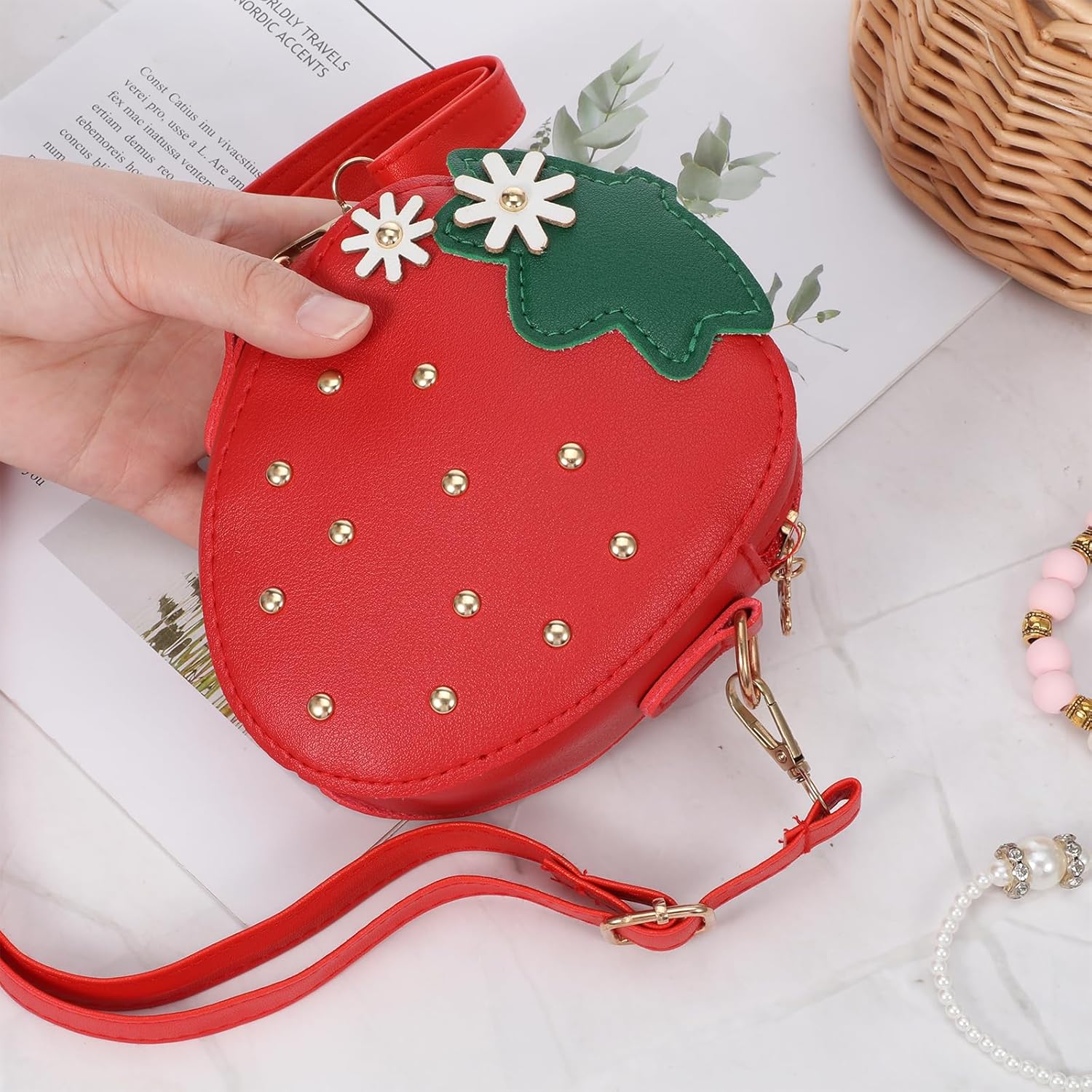 Cute Strawberry Purse with Rivets Crossbody Shoulder Bag Fruit Shaped Handbag Clutch Small Coin Pouch Wallet Birthday Gift Shoulder Bag for Little Girls (Red) - Image 3