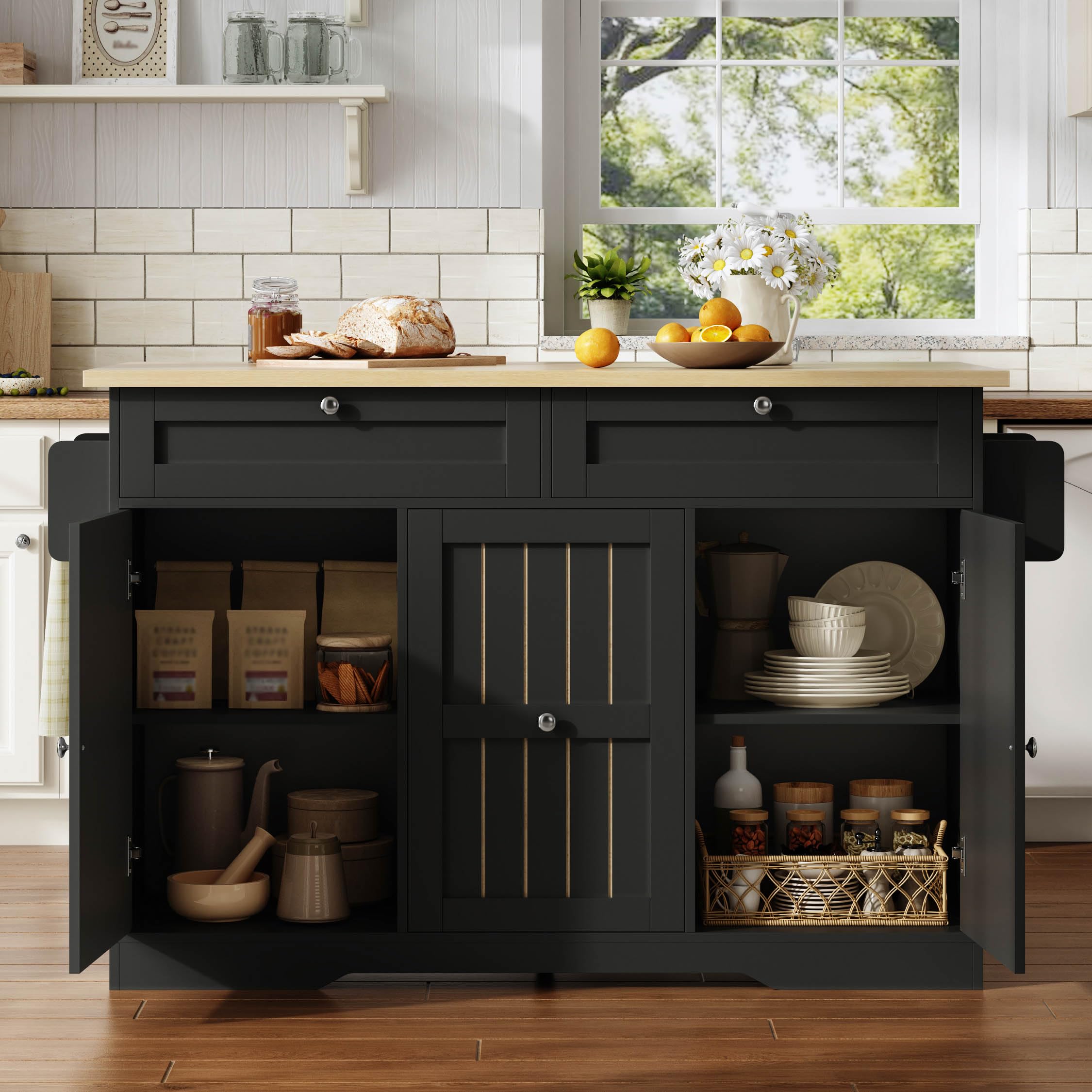 Isola da cucina mobile con piano di lavoro pieghevole, carrello da portata e armadietto, 137 x 70 x 92 cm, nero + naturale, cassetti verticali a 2 livelli, 2 cassetti grandi, ruote bloccabili