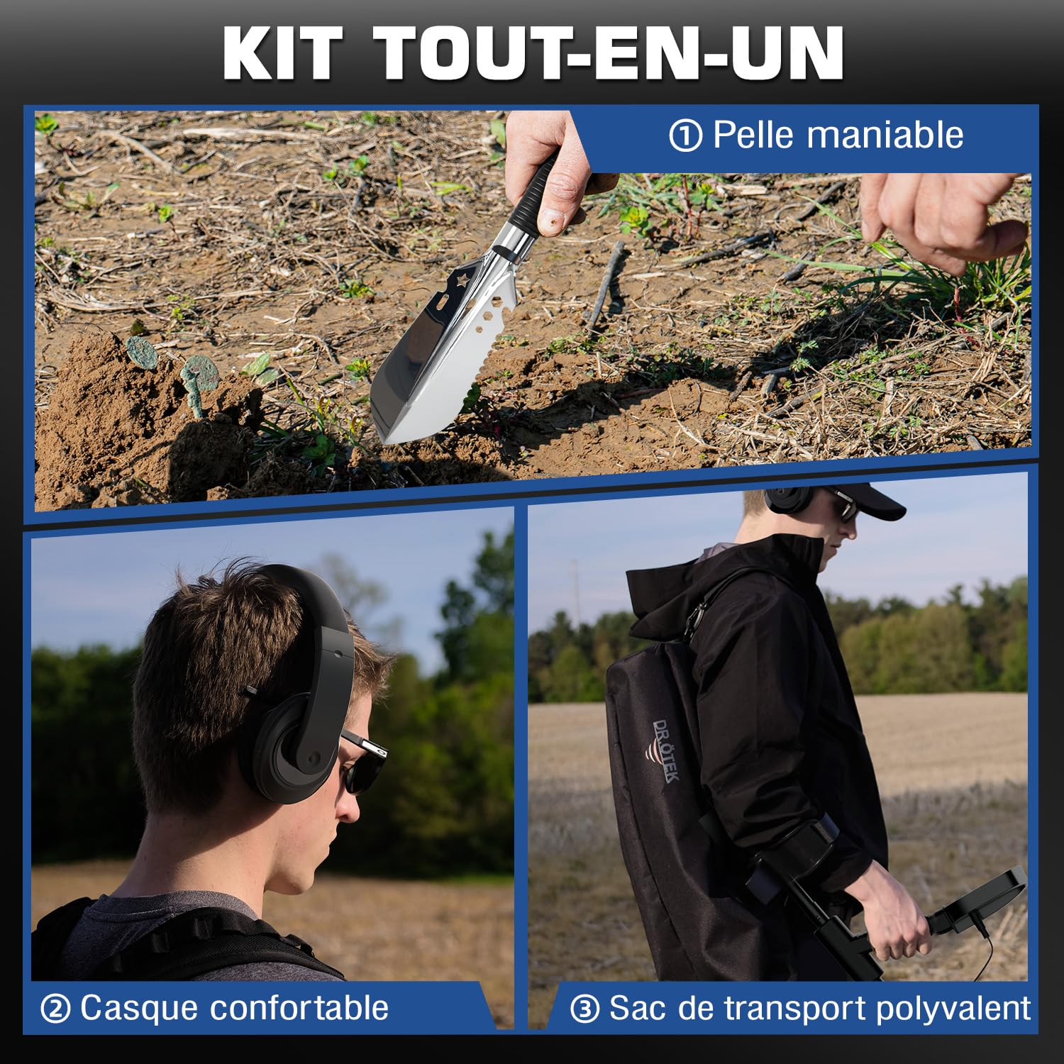 DR.ÖTEK Detecteur de Metaux Professionnel Kit pour Adultes Débutants, 6 Modes, Bobine IP68 Étanche, 3 Terrain Modes Terrain avec Pinpoint, Version améliorée, léger Détecteur de Métaux (AIR-Bleu)