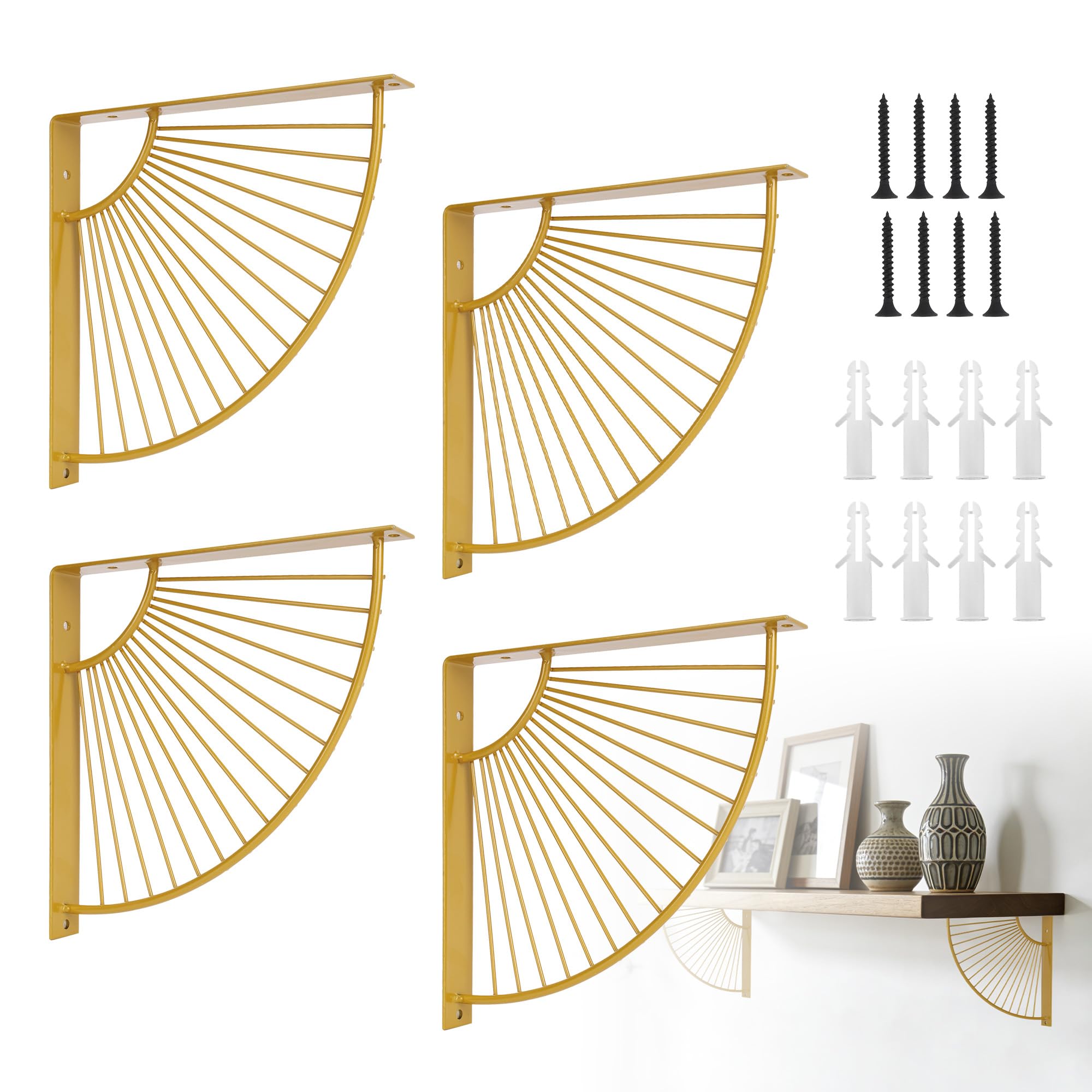 WeeGoo 4 PCS 20 cm Gold Shelf Brackets, Fan Shape Brass Shelf Brackets, Modern Metal Floating Shelving Bracket for Kitchen Bedroom Office Restaurant